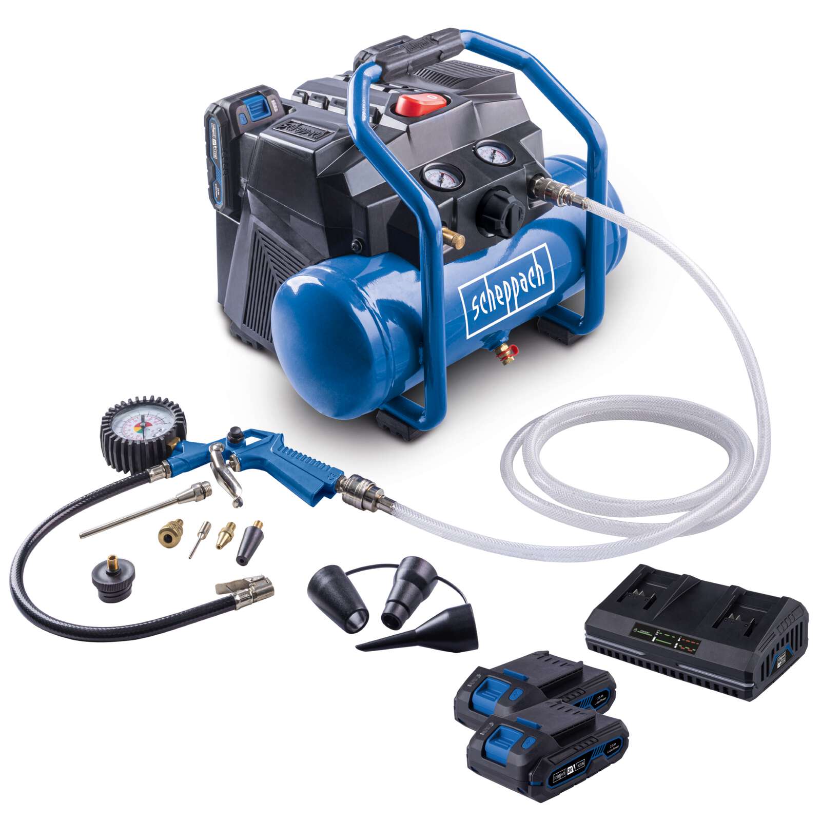 Akku Kompressor C-ACT160/6-X Scheppach - 20V | 8bar | 6L Kessel | 130l/min Ansaugleistung | inkl. 11-tlg. Zubehör u. 2x2Ah Akku + 2,4A Doppelladegerät