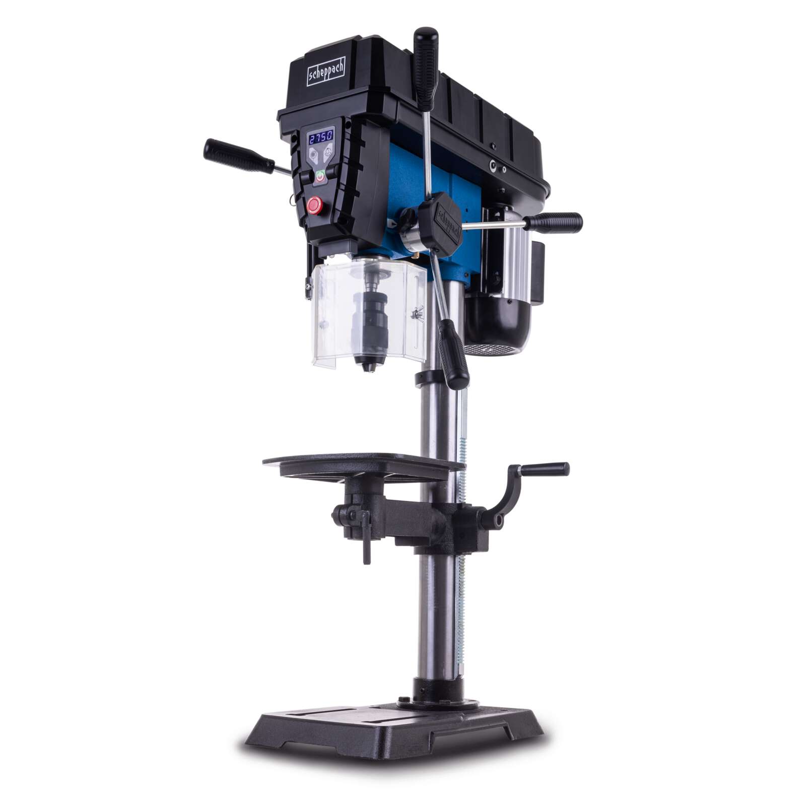 Tischbohrmaschine TBM300 Vario Scheppach - 230V 750W | 1,0-16mm Bohrfutter | Bohrtiefe 80mm | stufenlose Drehzahl 450-2580 u/min | LCD | LED & Laser