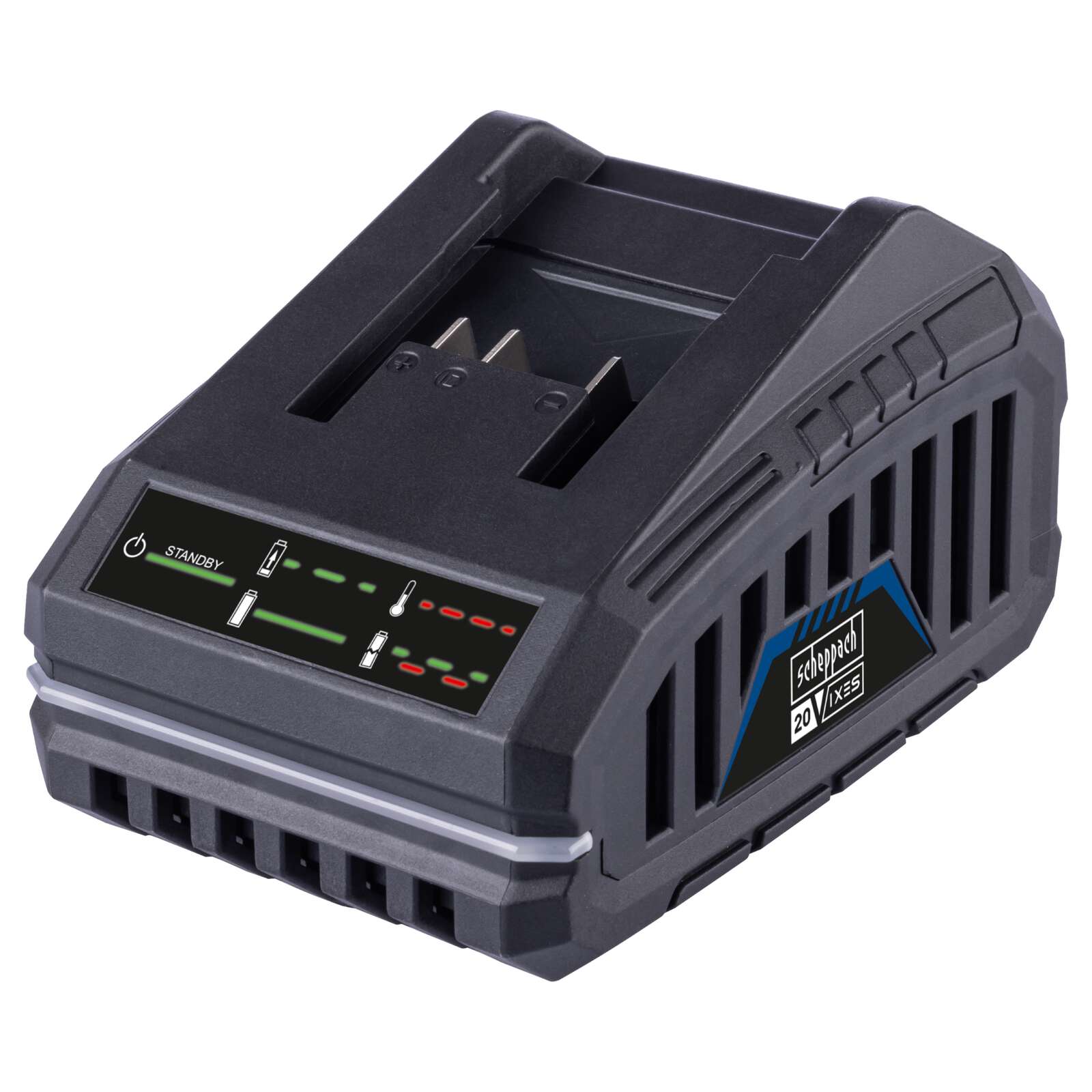 Ladegerät SBC2.4A Scheppach - 20V | 2,0 Ah Akku ca. 60 Min. Ladezeit / 4,0 Ah Akku ca. 120 Min. Ladezeit | LED-Anzeige | Wandhalterung