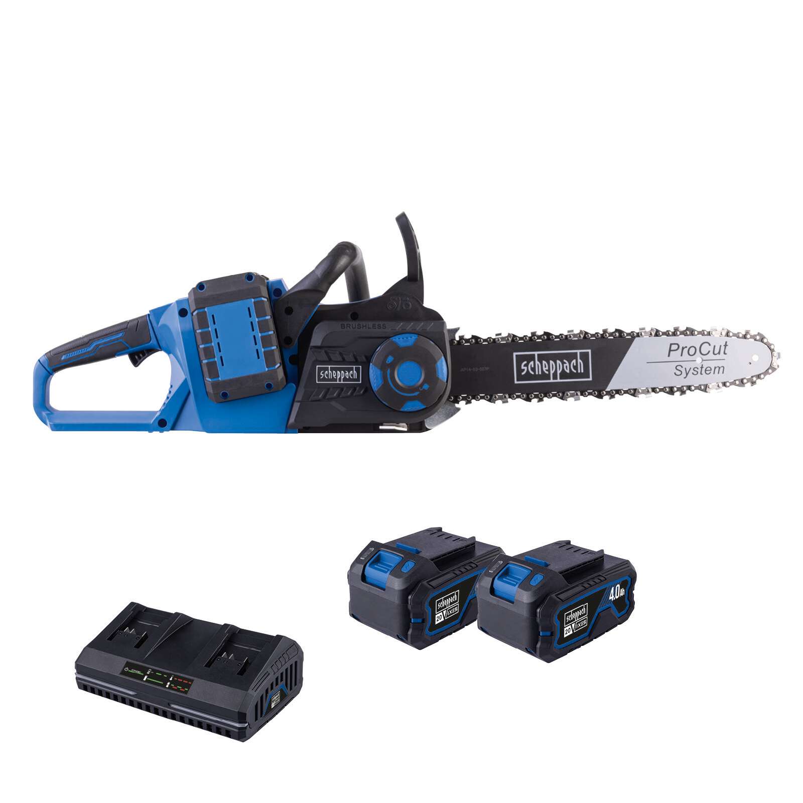 Akku-Kettensäge BC-CS355Duo-X Scheppach | Brushless | Schnittlänge 33,5cm | Schwertlänge 35,6cm | inkl. 2x 4Ah Akku + 2,4A Doppelladegerät