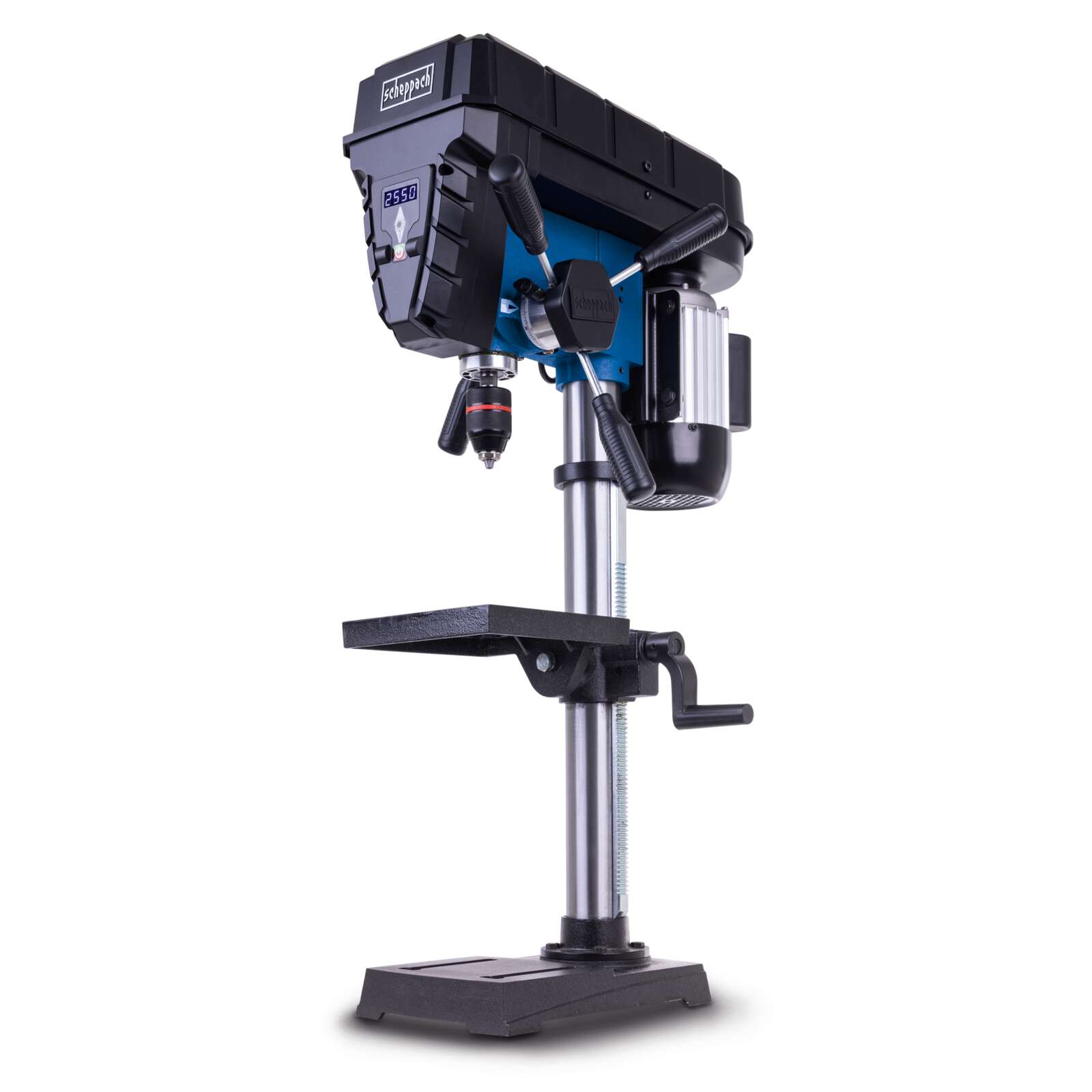 Tischbohrmaschine TBM250 Vario Scheppach - 230V 600W | 1,5-13mm Bohrfutter | Bohrtiefe 60mm | stufenlose Drehzahl 450-2580 u/min | LCD Display & Laser