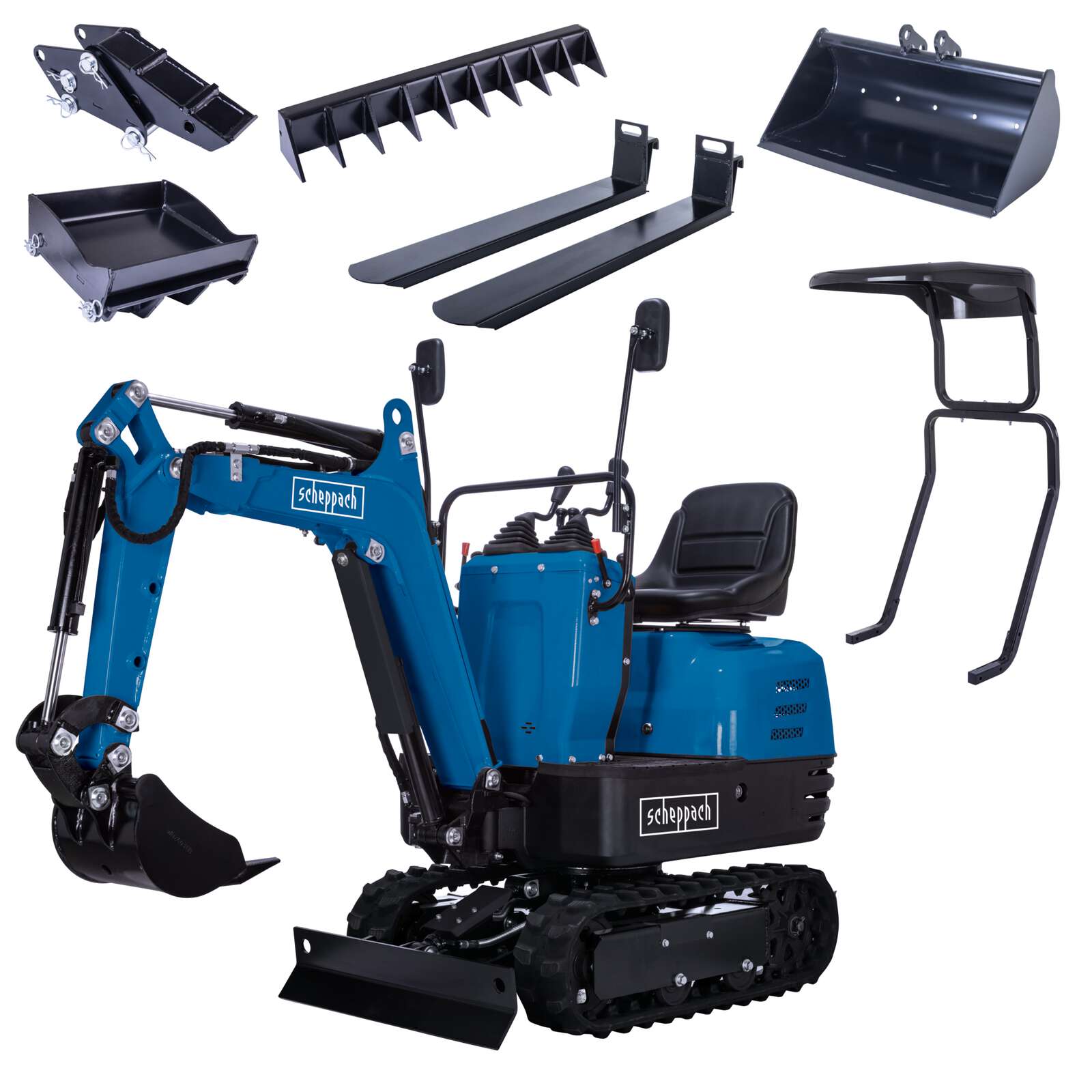 Benzin Mini Bagger EXC815 XXL Set Scheppach - 8,5 PS | 2330mm Grabweite | 690mm Spurbreite | Kettenantrieb | inkl. Komplett-Zubehör