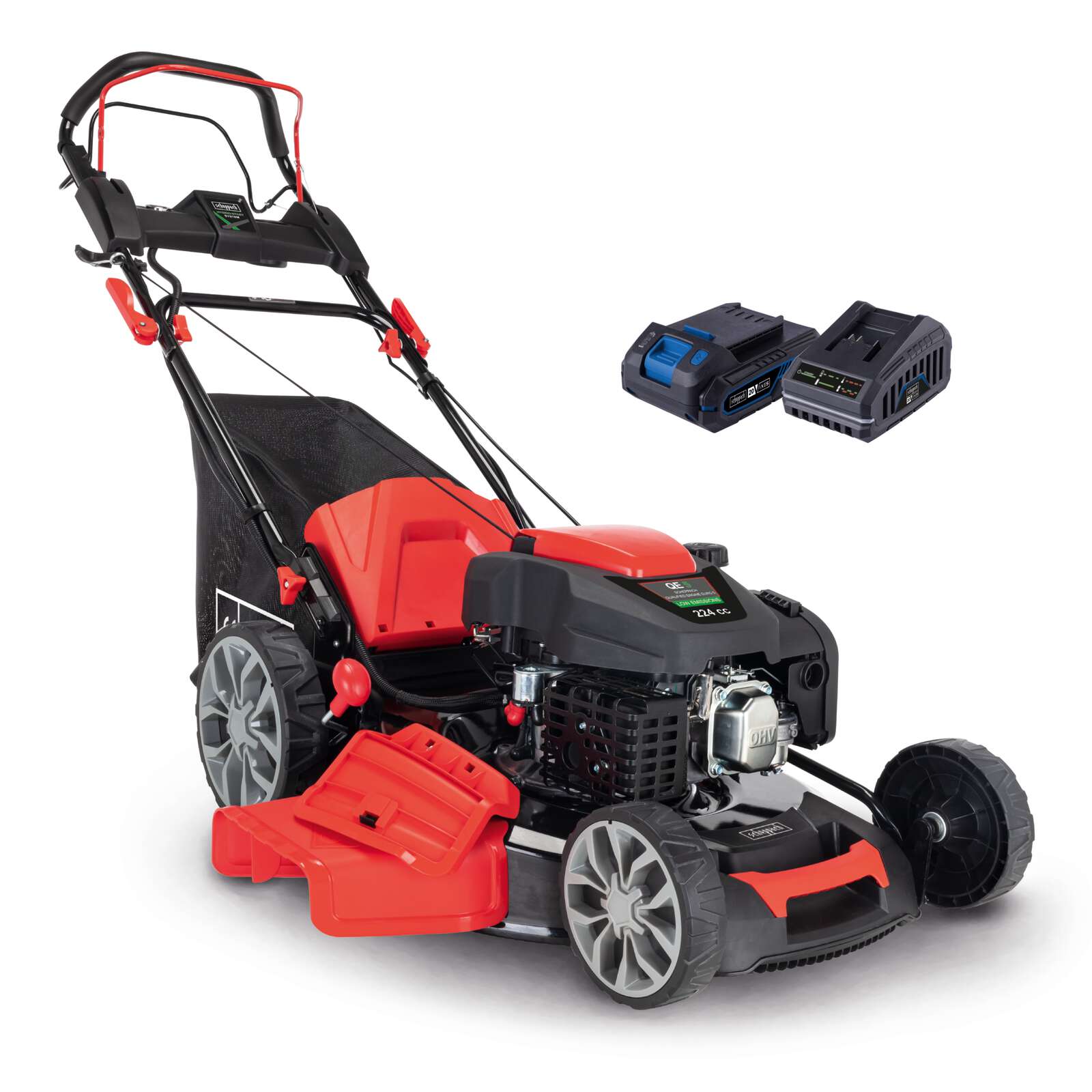 Benzin-Rasenmäher MS226-56E SE Scheppach - Schnittbreite 56cm | 65L Fangbox | 6 PS | 224cm³ 4 Takt-Benzinmotor | Radantrieb | E-Start
