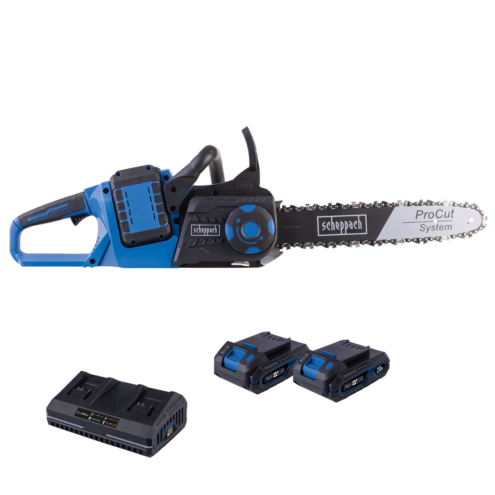 Akku Kettensäge BC-CS355Duo-X Scheppach - 20V | 33,5cm Schnittlänge | 15m/s Schnittgeschwindigkeit | inkl. 2x2Ah Akku + 2,4A Doppelladegerät
