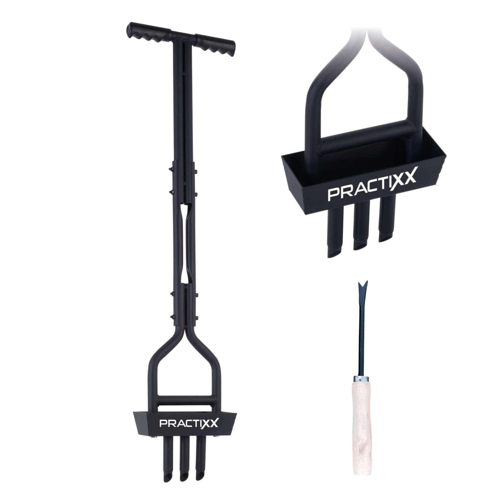 Hand Rasenlüfter PX-RL-10 Practixx - 20cm Arbeitsbreite | 3 Zinken Aerifizierer | Rasen belüften | Auffangbehälter | Softgrip | mit Reinigungswerkzeug