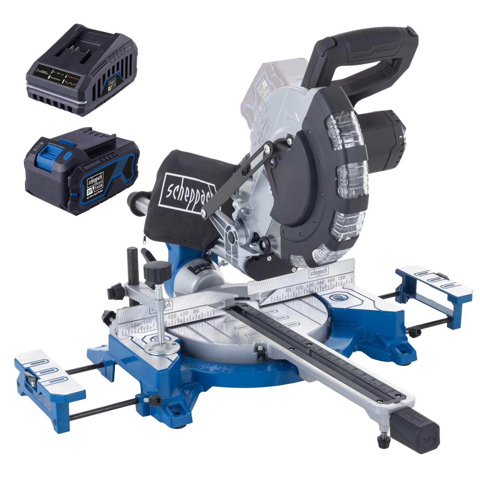 Akku Kapp-, Zug- und Gehrungssäge BC-HM216-X Scheppach - 340mm Schnittbreite | 65mm Schnitthöhe | 24Z | LED-Licht | inkl. 4Ah Akku + 2,4A Ladegerät