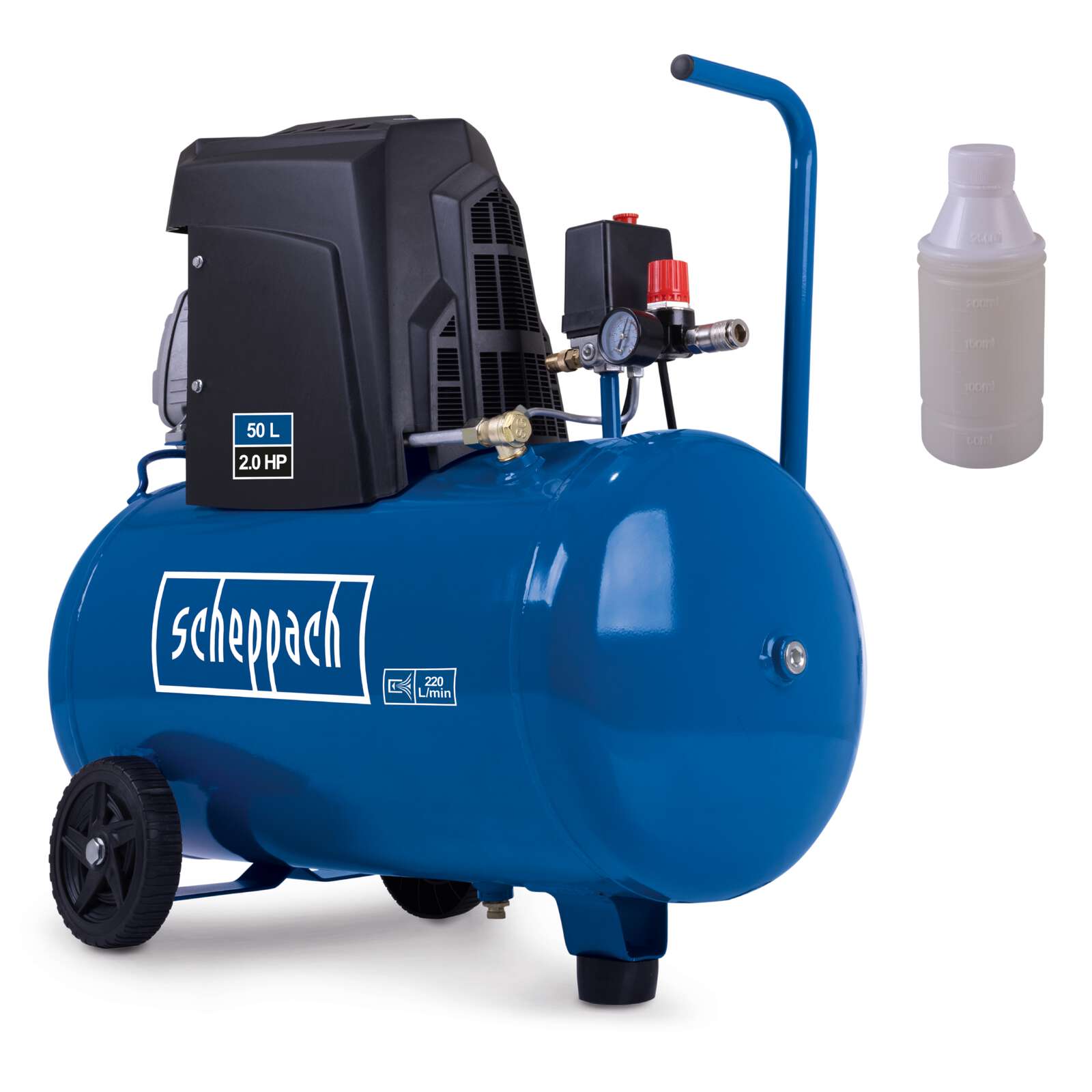 Kompressor HC63 Scheppach - 1500W | 220L/min Ansaugleistung | 50L Kessel | 10bar Arbeitsdruck | ölgeschmiert | Transportgriff