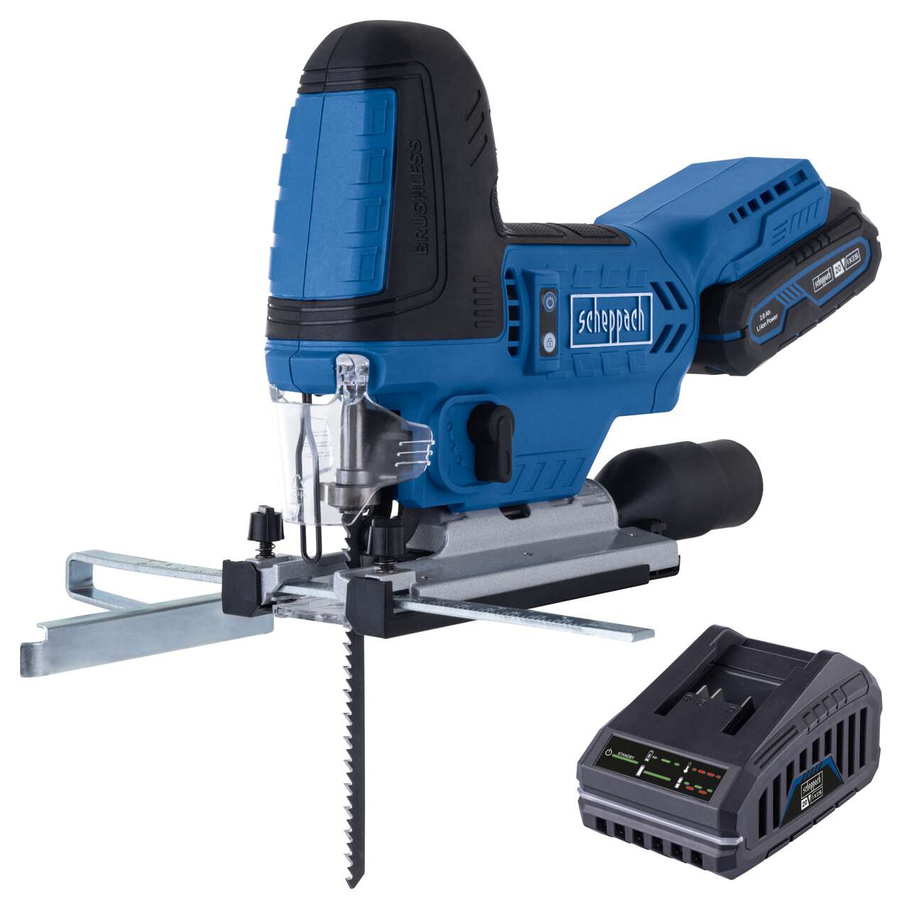 Akku-Stichsäge BC-JS254-X Scheppach | Brushless | Hublänge 25,4mm | Hubzahl 1000-3000min-1 | LED | inkl. 2Ah Akku + 2,4A Ladegerät