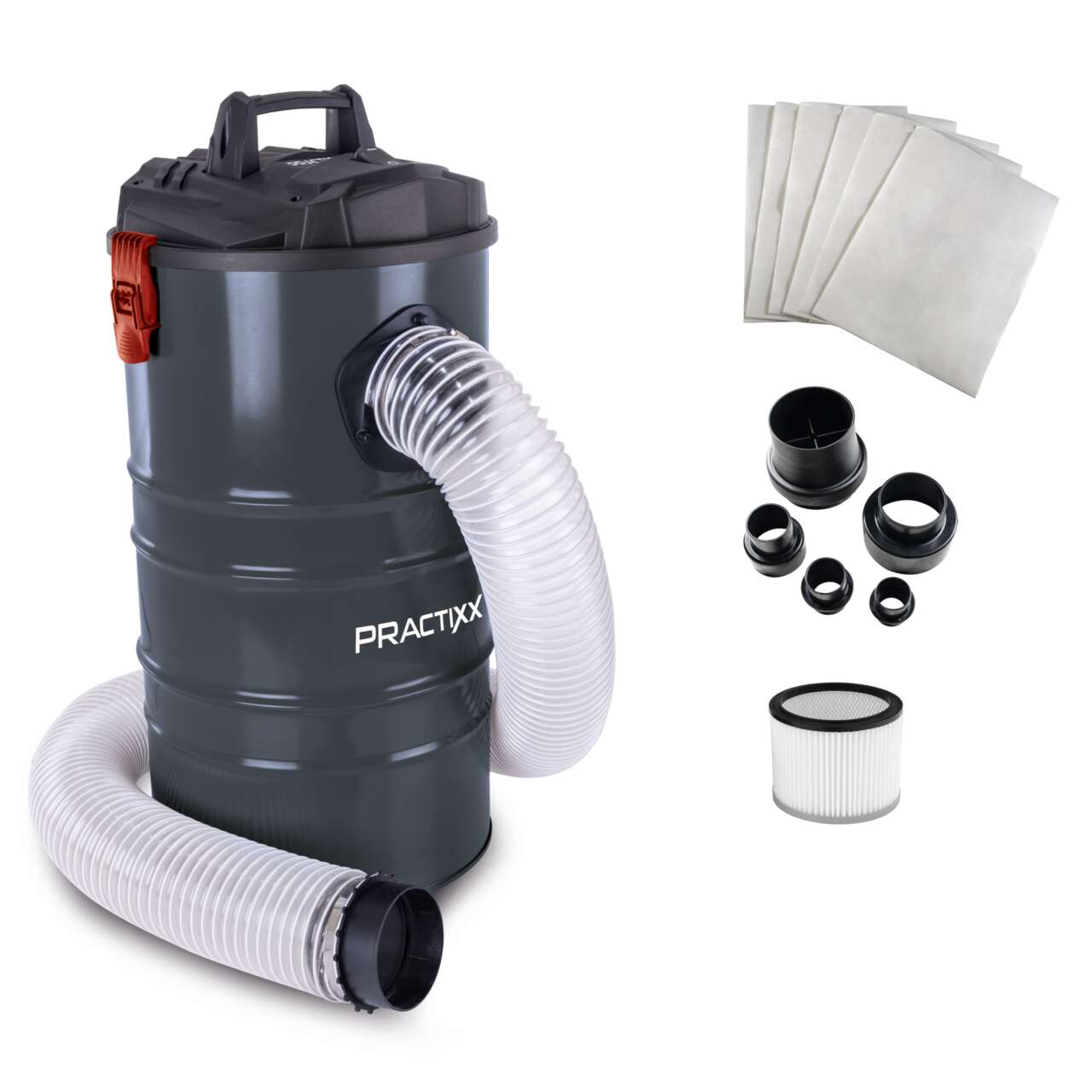 Absauganlage PX-AS-100 Practixx -1200W | Luftleistung 215 m³/h | 65L Füllmenge Metallbehälter | 2m Schlauch Ø100mm | inkl. Filterpatrone