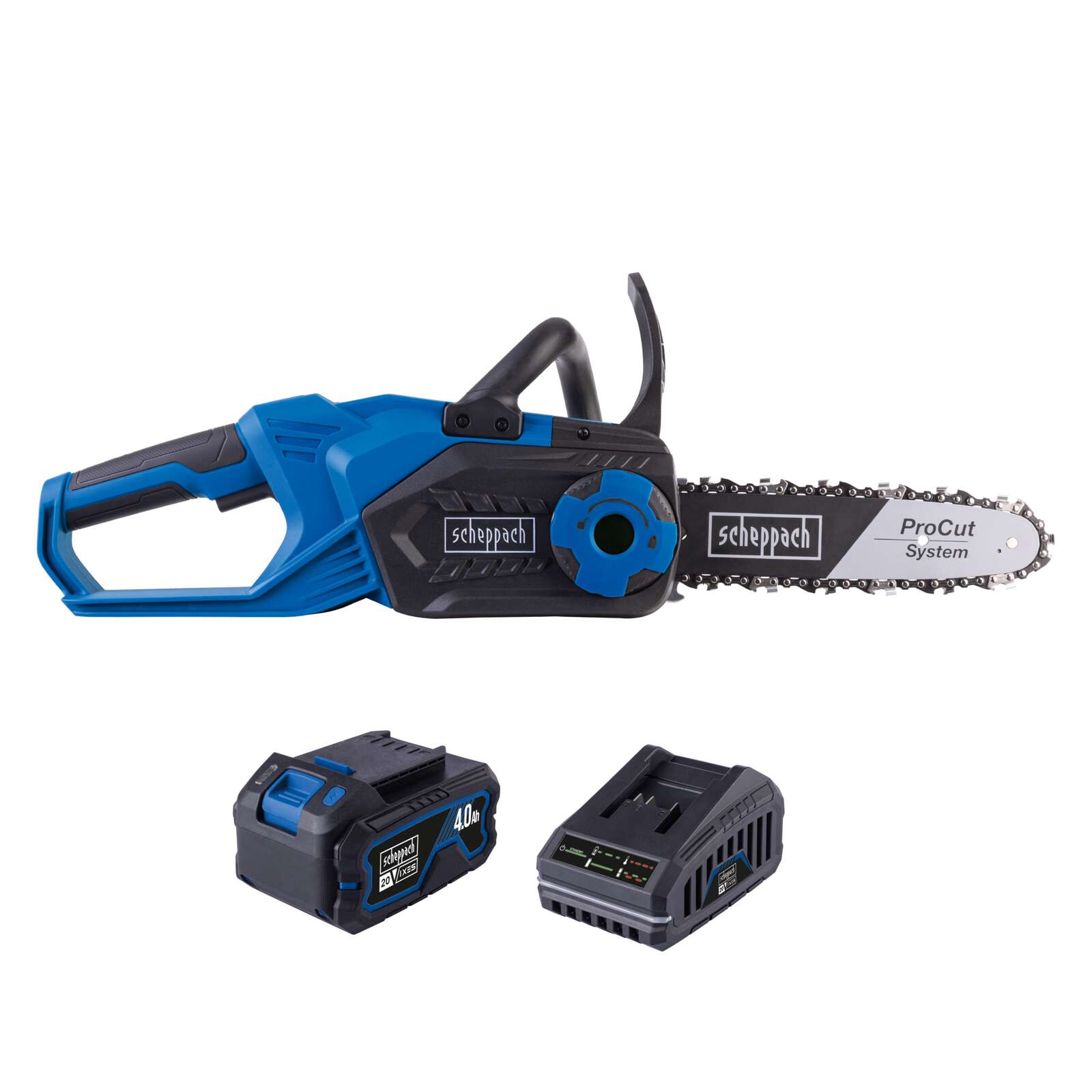 Akku-Kettensäge C-CS254-X Scheppach | Schnittlänge 20cm| Schwert 25,4cm| Schnittgeschwindigkeit 6m/s | inkl. 4Ah Akku & 2,4A Ladegerät