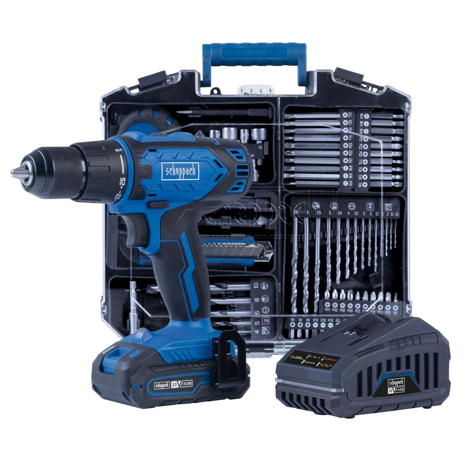 Werkzeugkoffer C-DTB74/1-X Scheppach -20V | 1,5-13mm Spannbereich | 50Nm Drehmoment | ohne Schlagfunktion | inkl. 2Ah Akku + 2,4A Ladegerät
