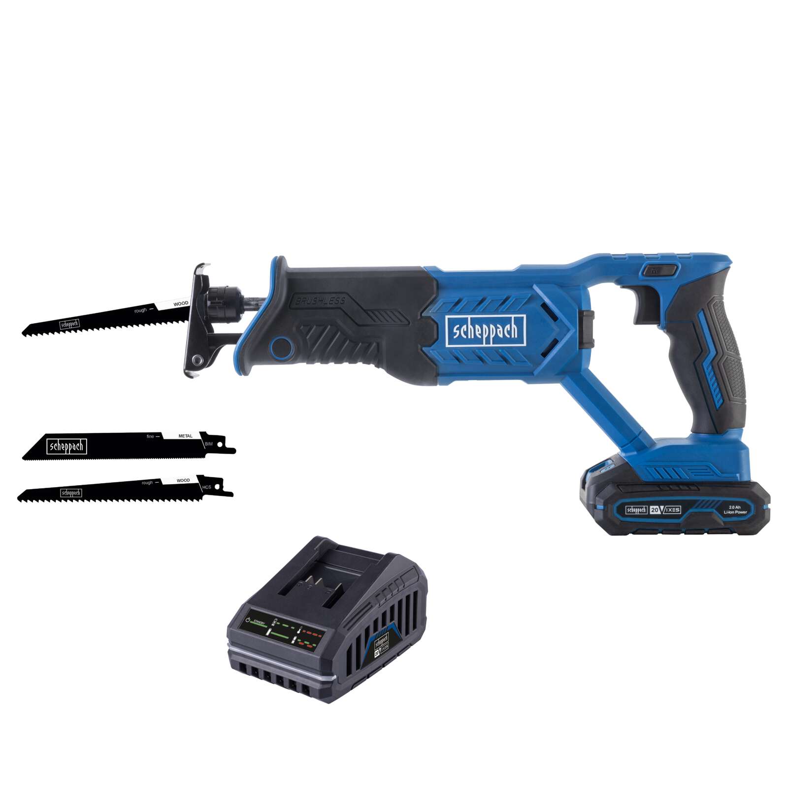Akku-Säbelsäge BC-RS220-X Scheppach - 20V | 22mm Hublänge | 0-3000 min-1 stufenlose Hubzahl | LED-Leuchte | inkl. 2Ah Akku + 2,4A Ladegerät