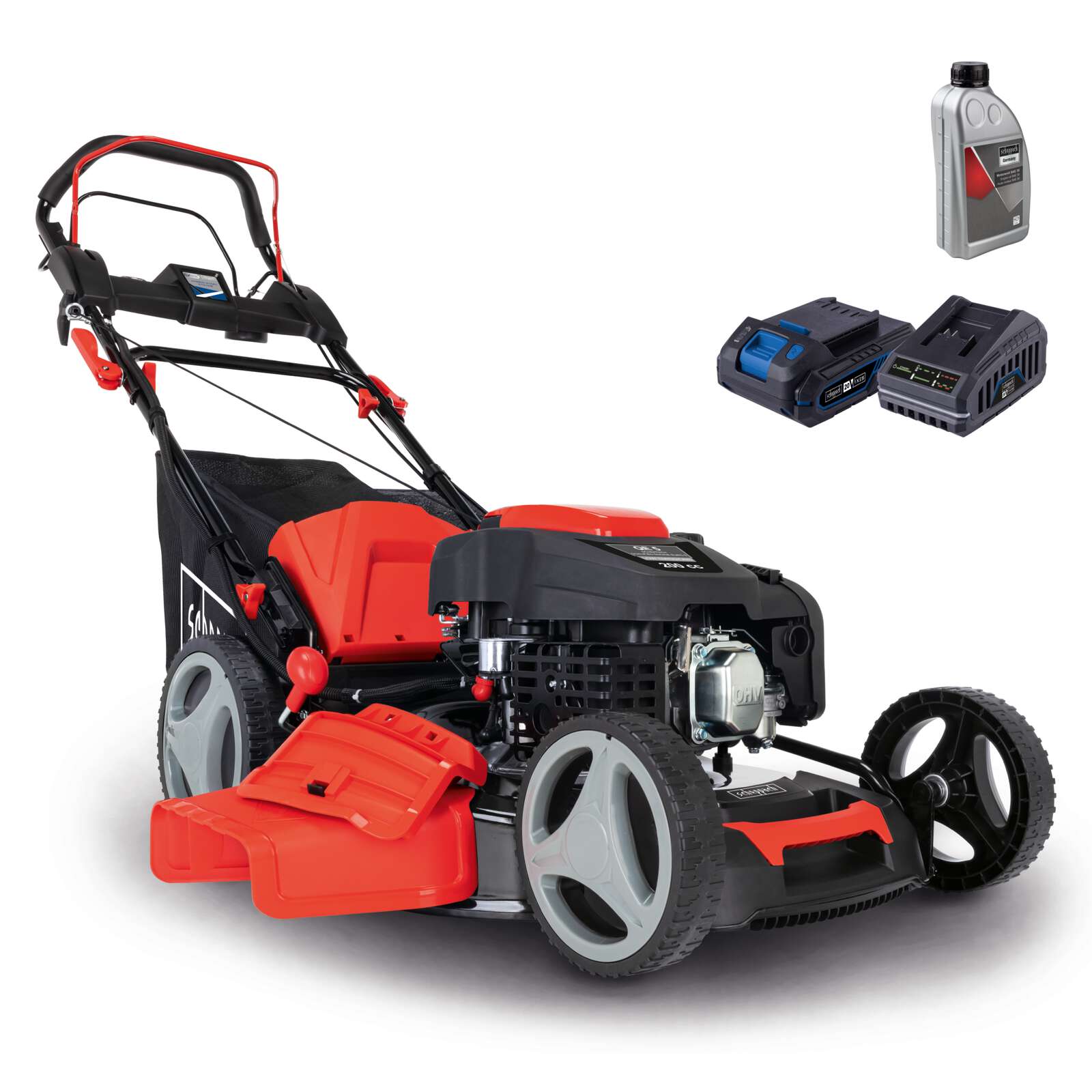 Rasenmäher MS225-53E scheppach - E-Start | Radantrieb | 6PS | 53cm Schnittbreite | inkl. 2Ah Akku + 2,4A Ladegerät + Öl