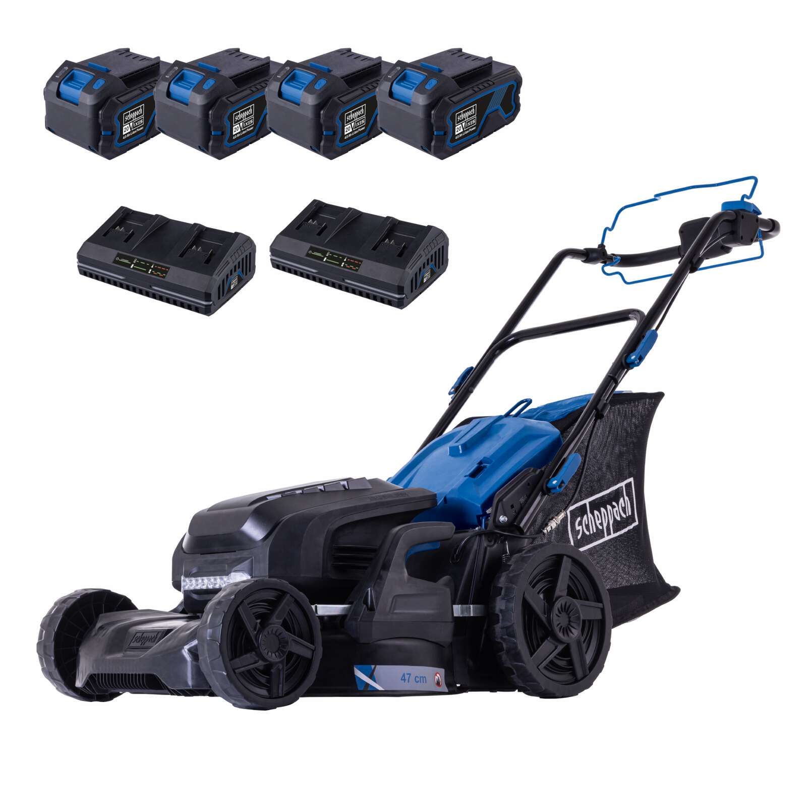 Akku Rasenmäher BC-MP470-X Scheppach - 47cm Schnittbreite | 700 m2 | Vario Radantrieb | LED | 7-fach Schnitthöhe | inkl. 4x 4Ah Akku & 2xLadegerät