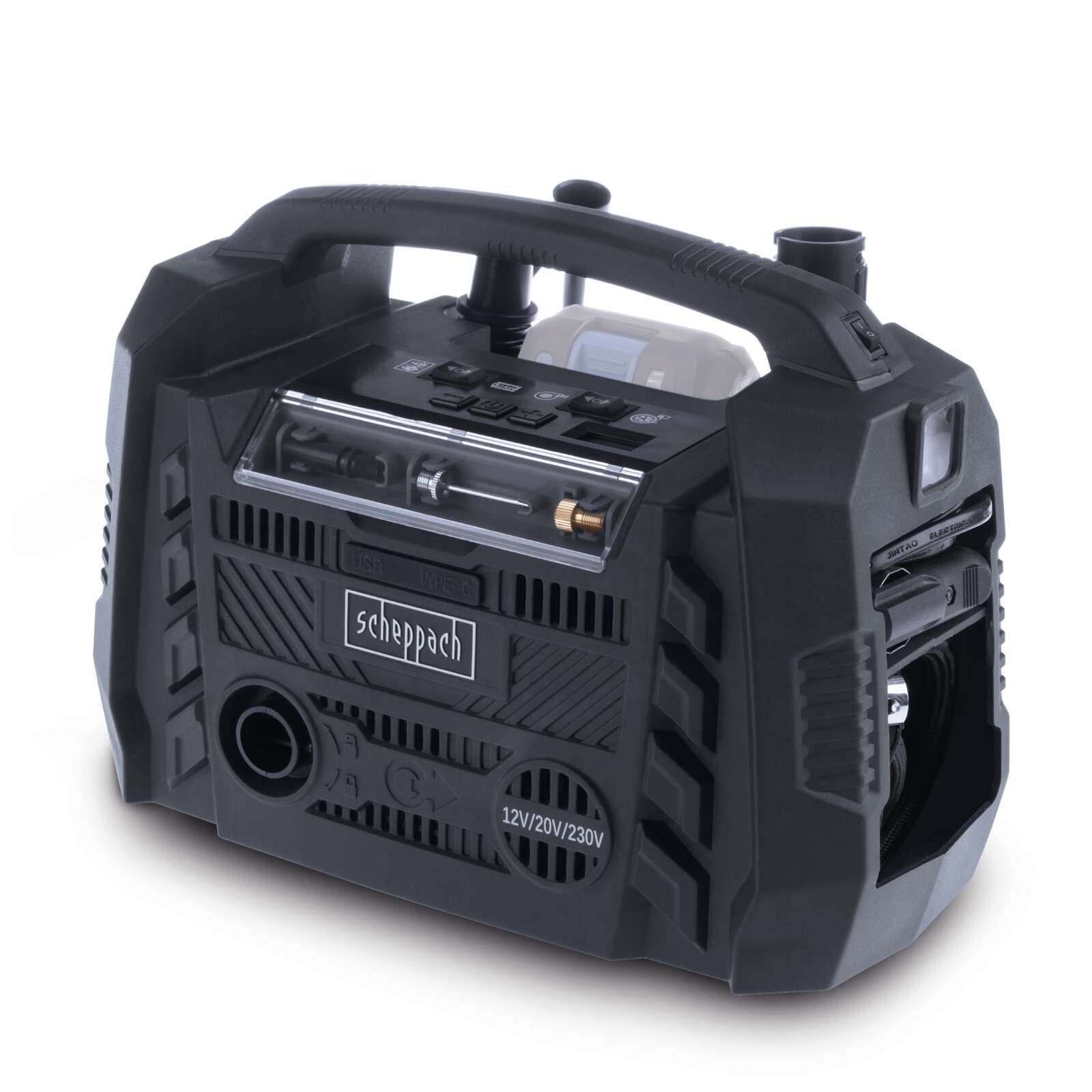 Hybrid-Kompressor C-HYC360BE-X Scheppach - 10,3bar | ölfrei | 2 USB-Anschlüsse | 3 Antriebsarten | ohne Akku / Ladegerät