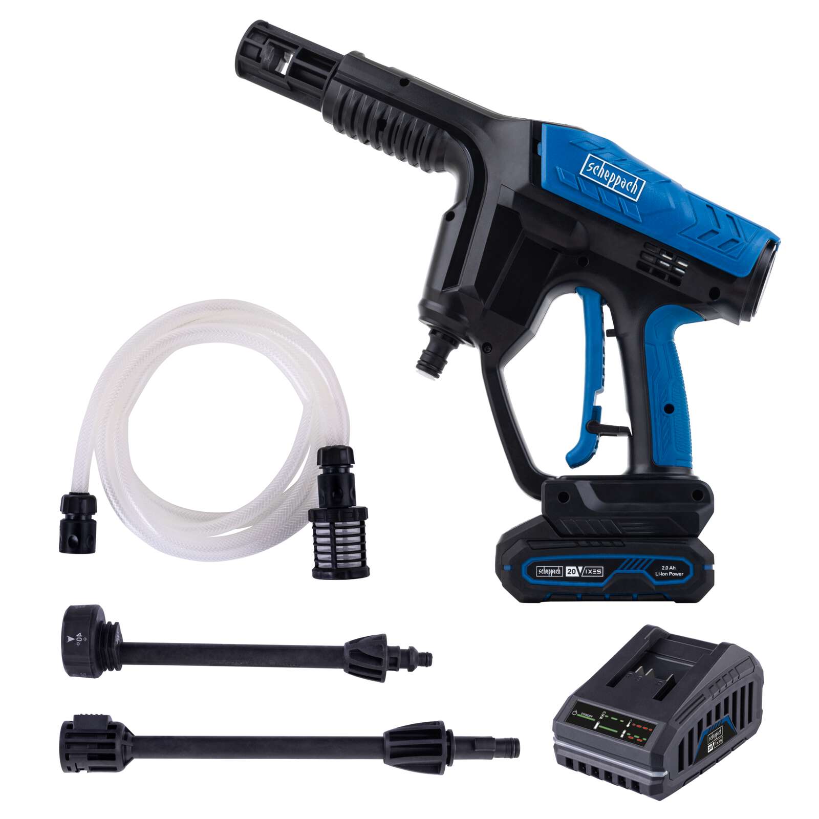 Akku Hochdruckreiniger C-HPG35X Scheppach - 20V | 35bar | 180 L/h Durchflussmenge | 6m Schlauchlänge | inkl. 2Ah Akku + 2,4A Ladegerät