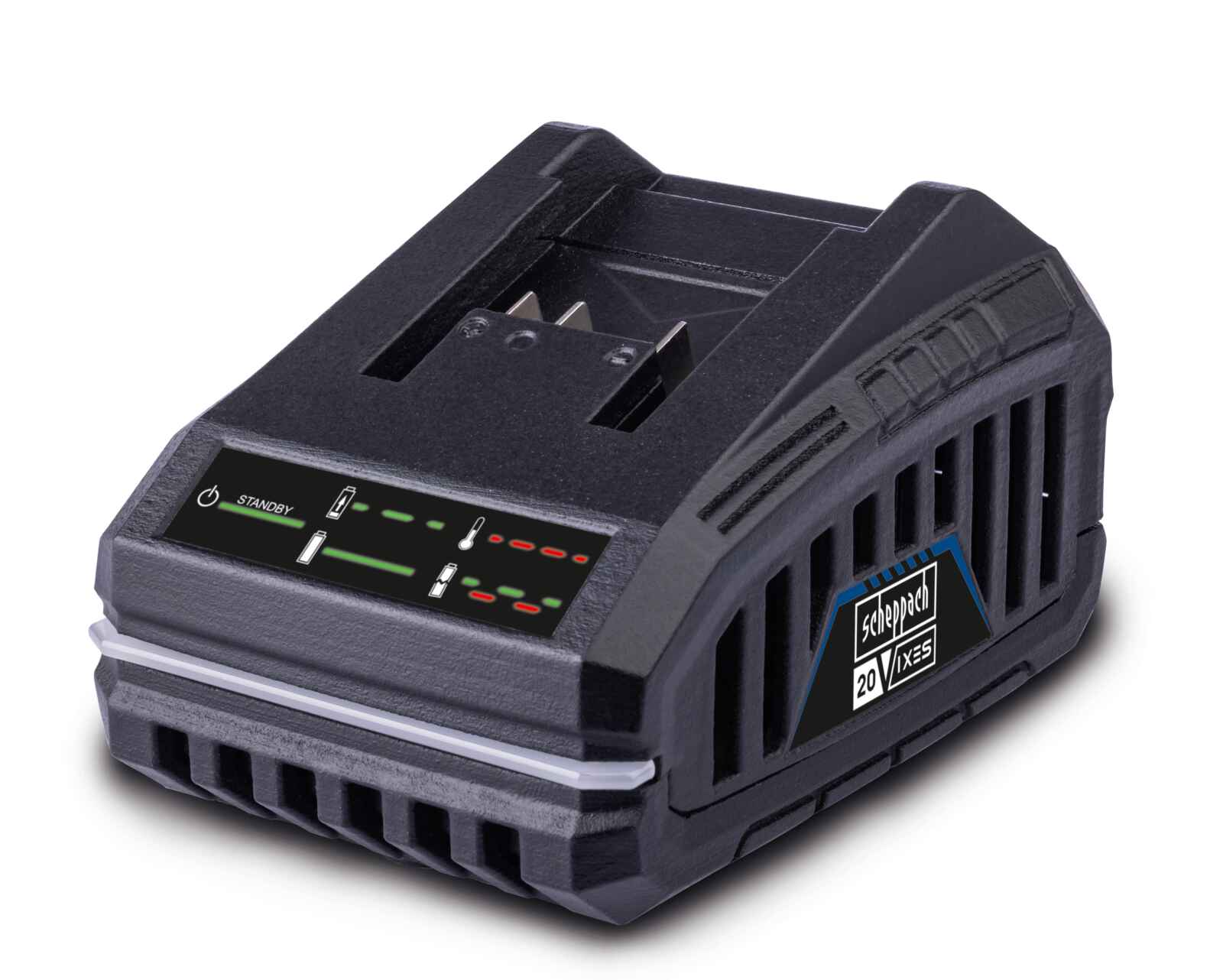 Ladegerät SBC2.4A Scheppach - 20V | 2,0 Ah Akku ca. 60 Min. Ladezeit / 4,0 Ah Akku ca. 120 Min. Ladezeit | LED-Anzeige | Wandhalterung