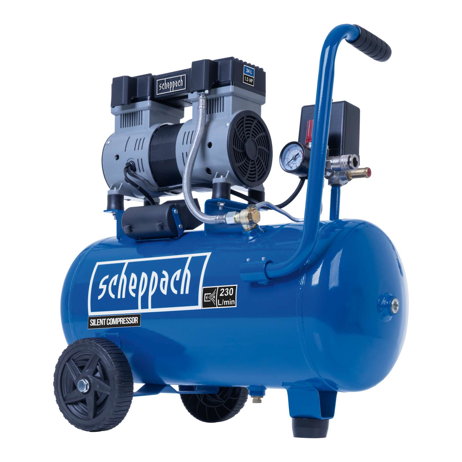 Scheppach Silent Kompressor HC26Si 66dB leise, 8 Bar, 24L Flüsterkompressor | Ansaugleistung 230 L/min | Doppelzylinder 1100 W | Druckluftkompressor ölfrei | Leisekompressor für Haus, Garten & Werkstatt