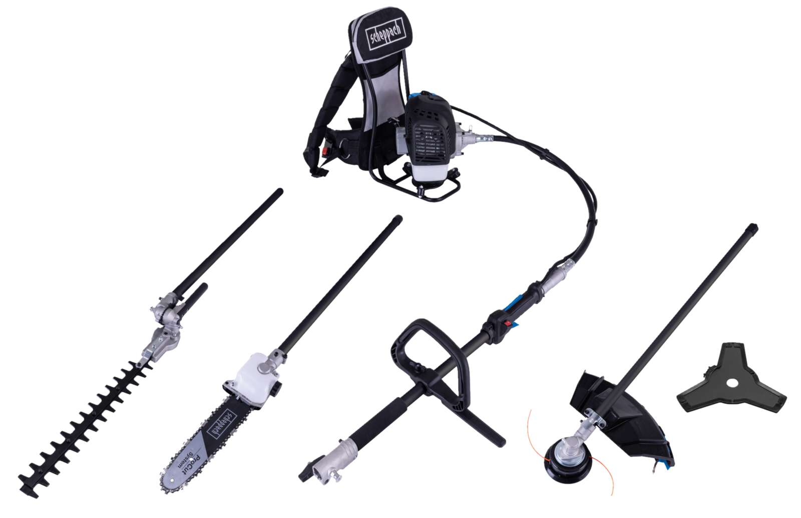 4in1 Multigartengerät MFH5300-4BP Scheppach - 1.8PS | 51,7cm³ | 2-Takt Motor | Rucksack Tragesystem