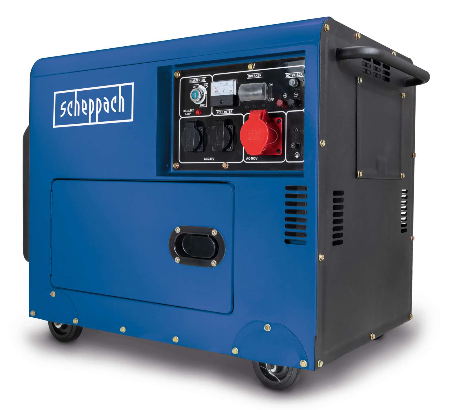 Diesel Stromerzeuger SG5200D Scheppach - 7,7PS | 5000W | Elektrostart | 2x 230V, 1x 400V Steckdose | Fahrvorrichtung, Spannungsmesser, Überlastschutz