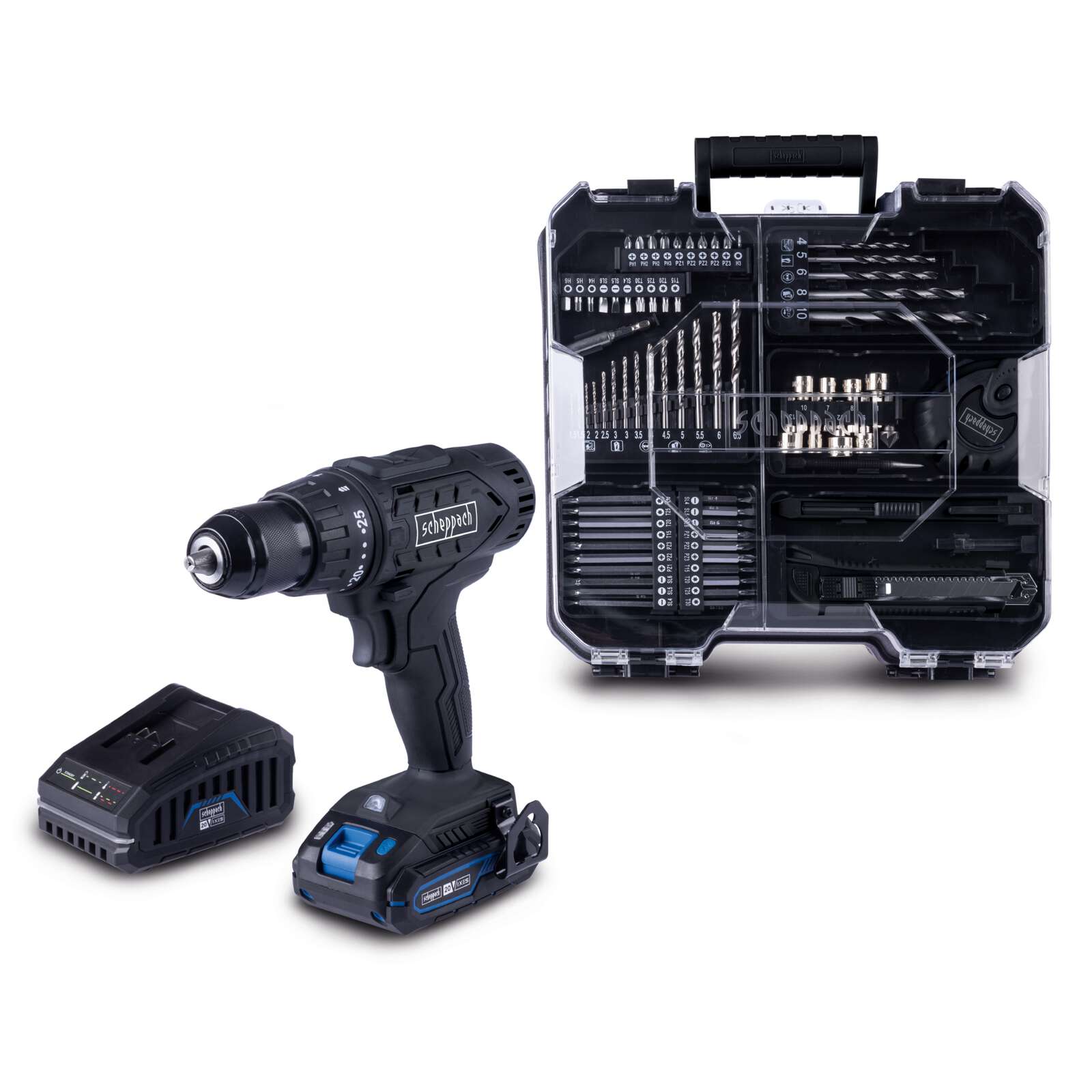 Mobile Werkstatt C-BSB74/1BE-X Scheppach | 1,5-13mm Spannbereich | 50Nm Drehmoment | inkl Bohrerset, Bits, 1x 2Ah Akku & Ladegerät + Koffer