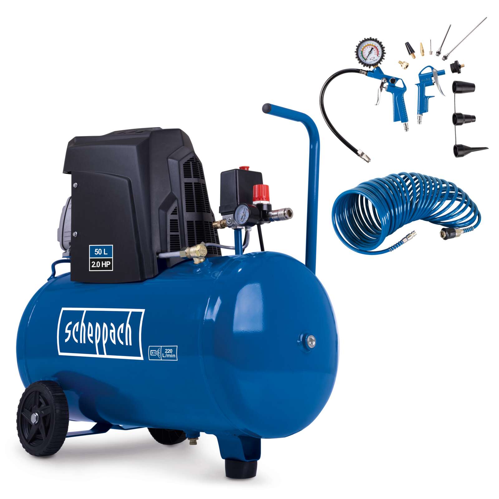 Kompressor HC63 Scheppach - 1500W | 220L/min Ansaugleistung | 50L Kessel | 10bar | ölgeschmiert | inkl. 10m Druckluftschlauch & 13tlg. Zubehör
