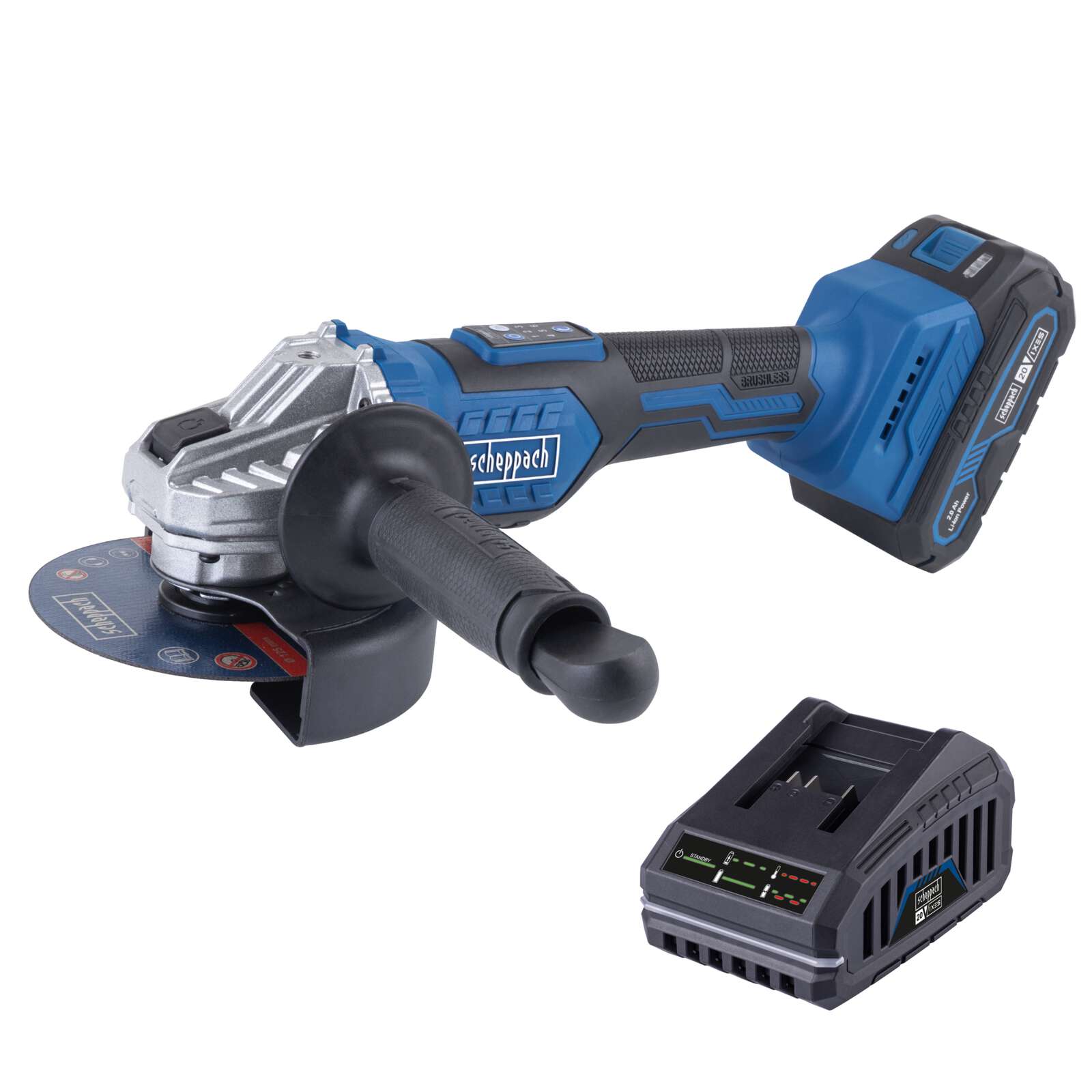 Akku-Winkelschleifer BC-AG125-X Scheppach | Brushless | Schleifscheiben Ø125mm | Drehzahl 3000-10000min-1 | inkl. 2Ah Akku & 2,4A Ladegerät