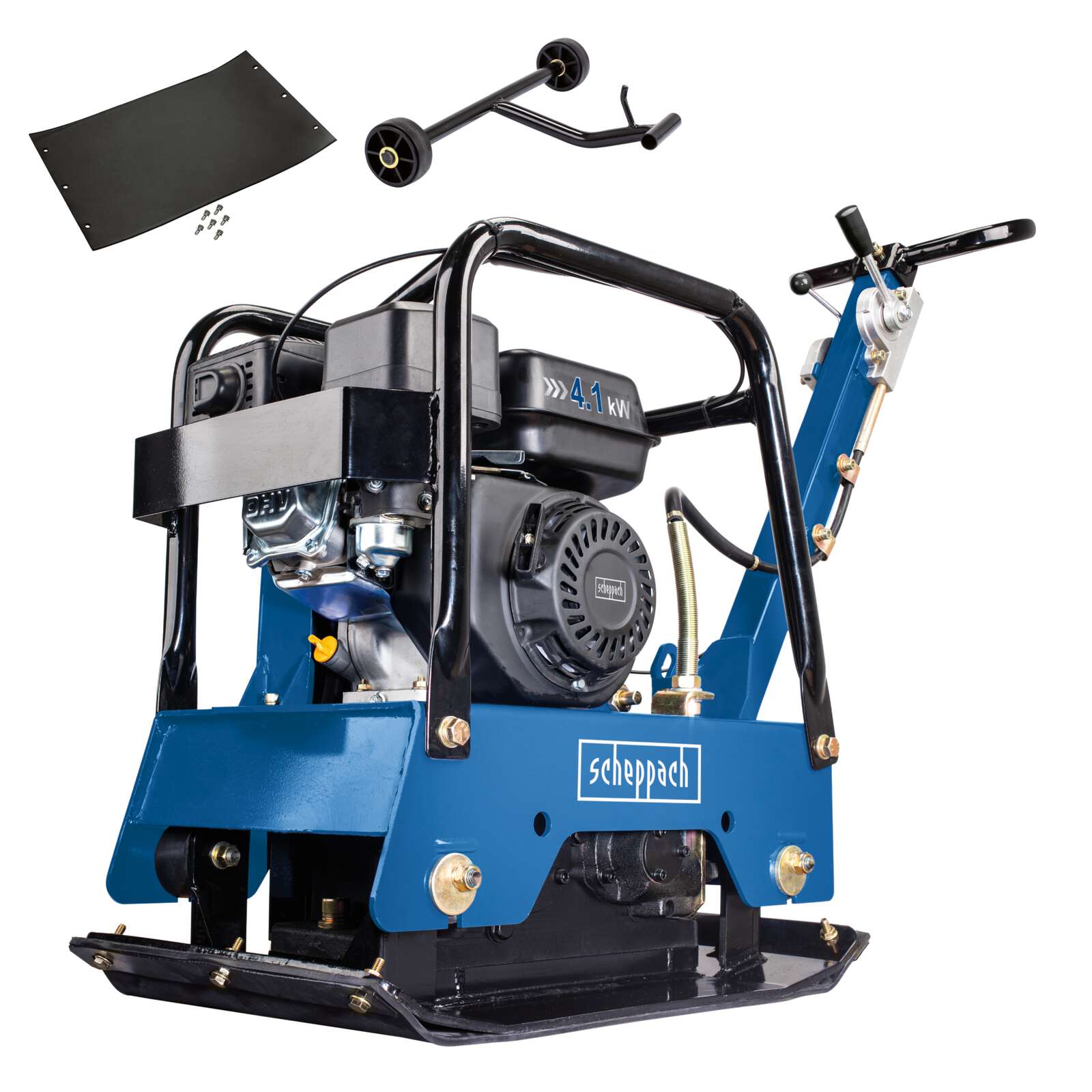 Benzin Rüttelplatte HP2500S Scheppach - 6,5PS | 28kN Verdichtungsdruck | 40cm Verdichtungstiefe | 25m/min Vorlauf | inkl. Gummimatte & Fahrvorrichtung