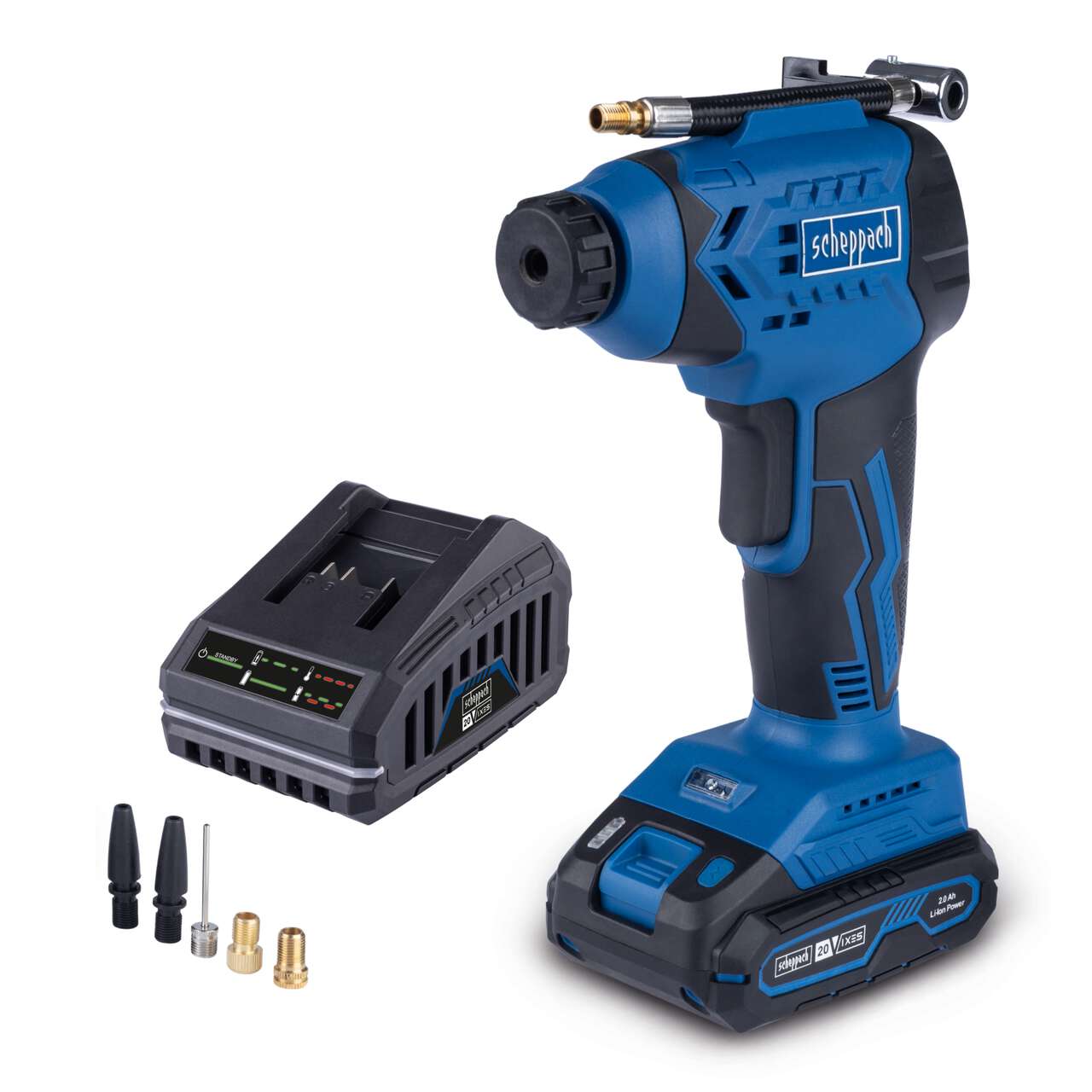 Akku Hand Kompressor C-AC20-X Scheppach 20V - 7 bar Arbeitsdruck | LCD Display | LED Leuchte | 6-tlg Zubehörset | inkl. 2Ah Akku + 2,4A Ladegerät