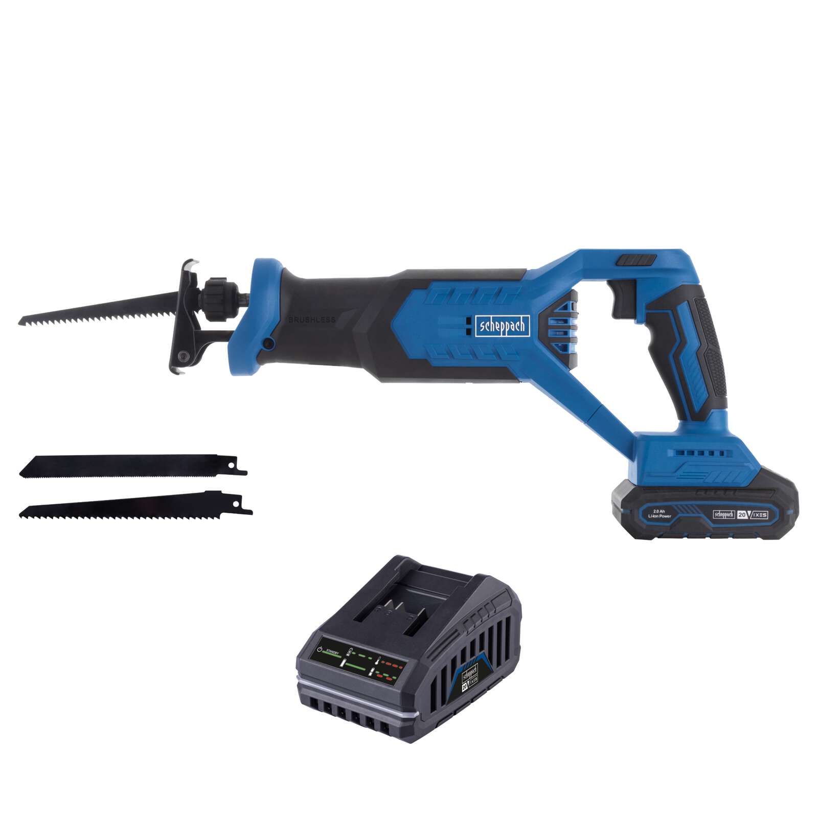 Akku-Säbelsäge BC-RS250-X Scheppach | Brushless | Hublänge 28mm | Hubzahl 0-3000min-1 | LED-Leute | inkl. 2Ah Akku + 2,4A Ladegerät