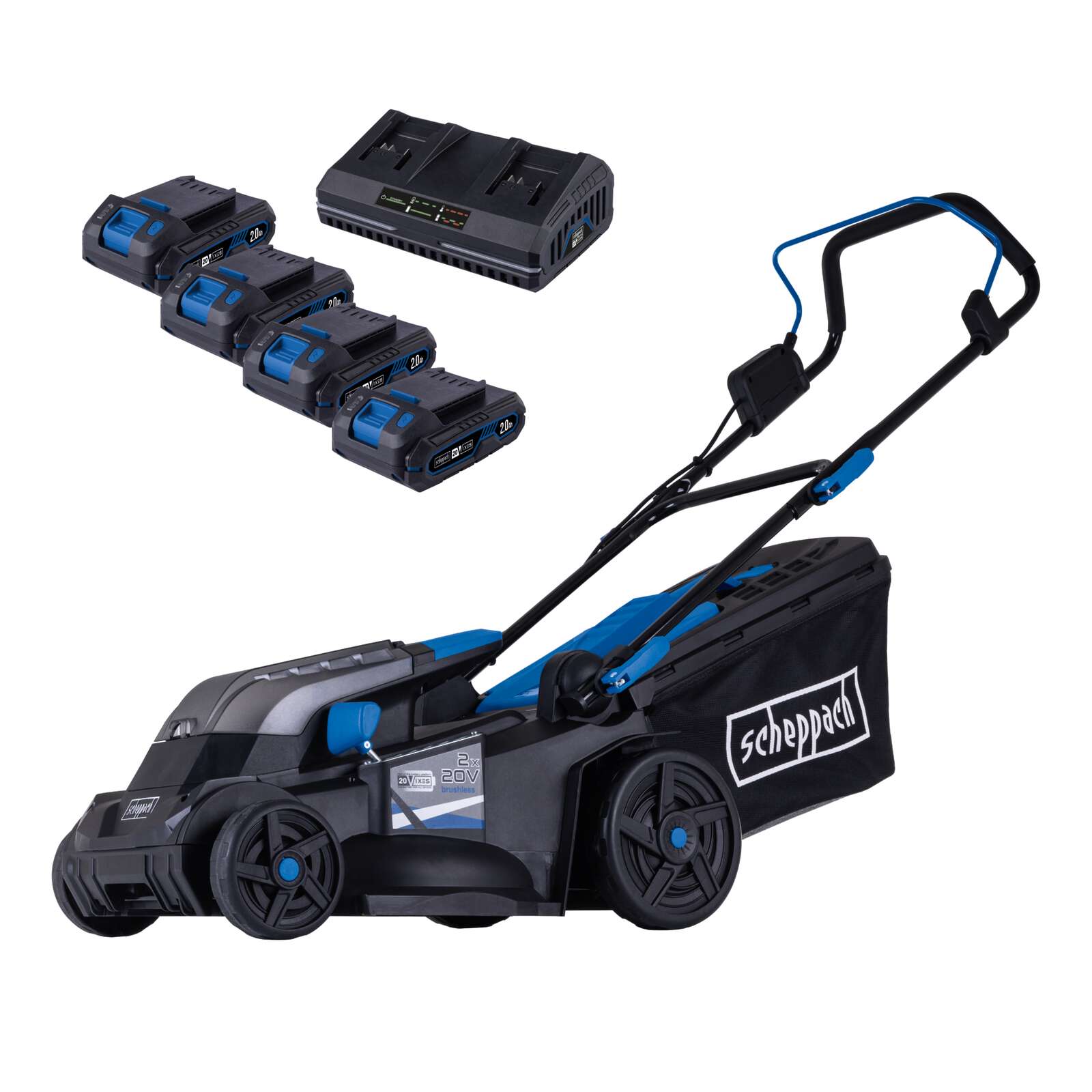 Akku-Rasenmäher BC-MP380-X Scheppach | 38cm Schnittbreite | für 450-500 m2 | 45L Korb | inkl. 4x 2Ah Akku + 2,4A Doppelladegerät