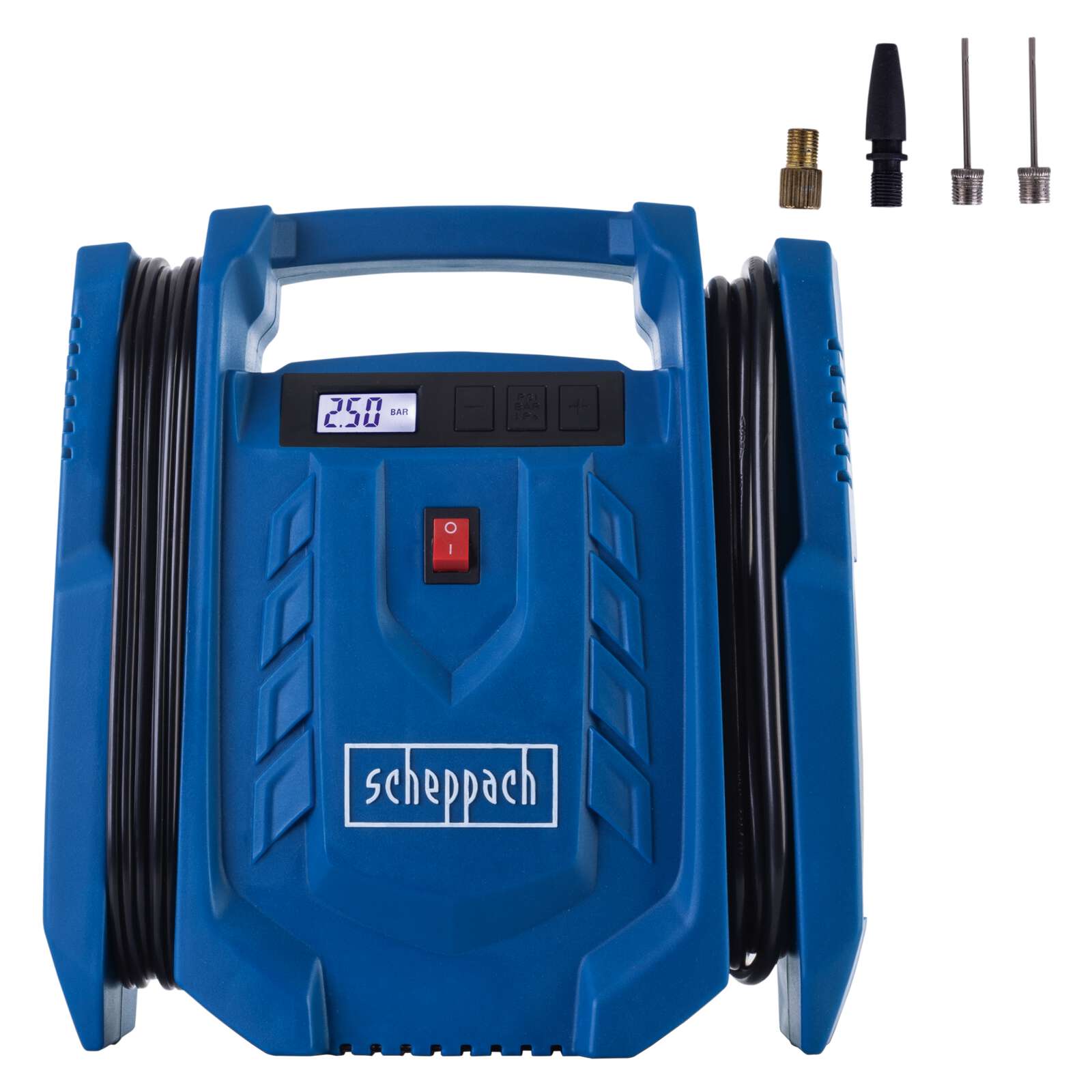 Kompressor Airforce 7 SC Scheppach - 230V & 12V Anschluss | 8 bar Arbeitsdruck | 24L/min | ölfrei & mobil | LCD Display | inkl. Reifenfüller & Adapter