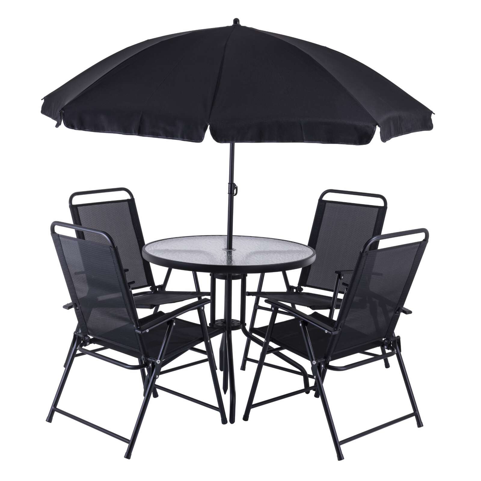 Balkonset 6-tlg. PX-BS-1 Practixx - 4x Klappstuhl, Sonnenschrim, Glastisch | Schwarz - Anthrazit | Gartenset | Bistroset
