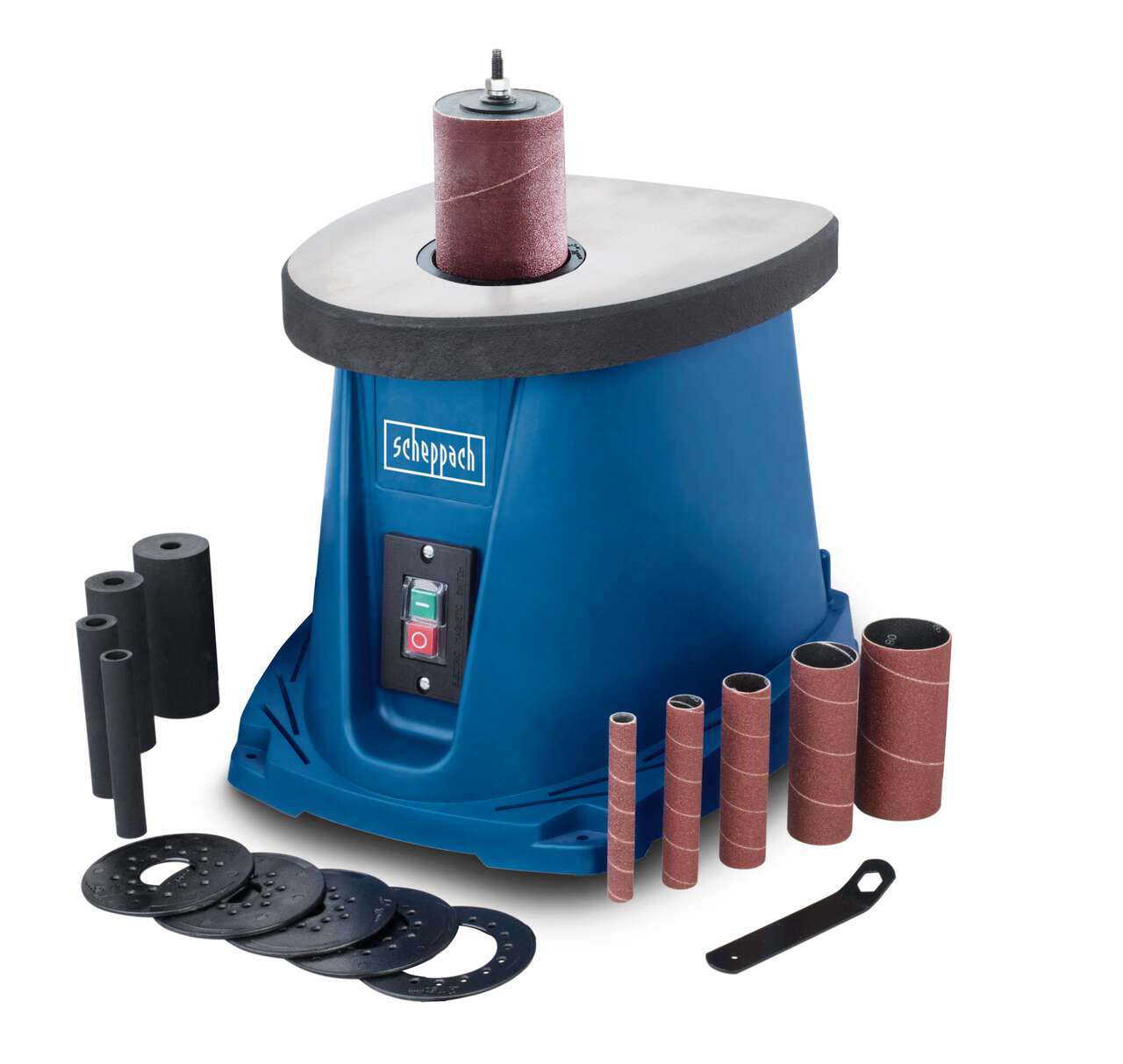 Oszillierender Spindelschleifer OSM100 Scheppach - 450W | 16mm Hub | Spindel-Ø 12,7mm | mit Zubehör