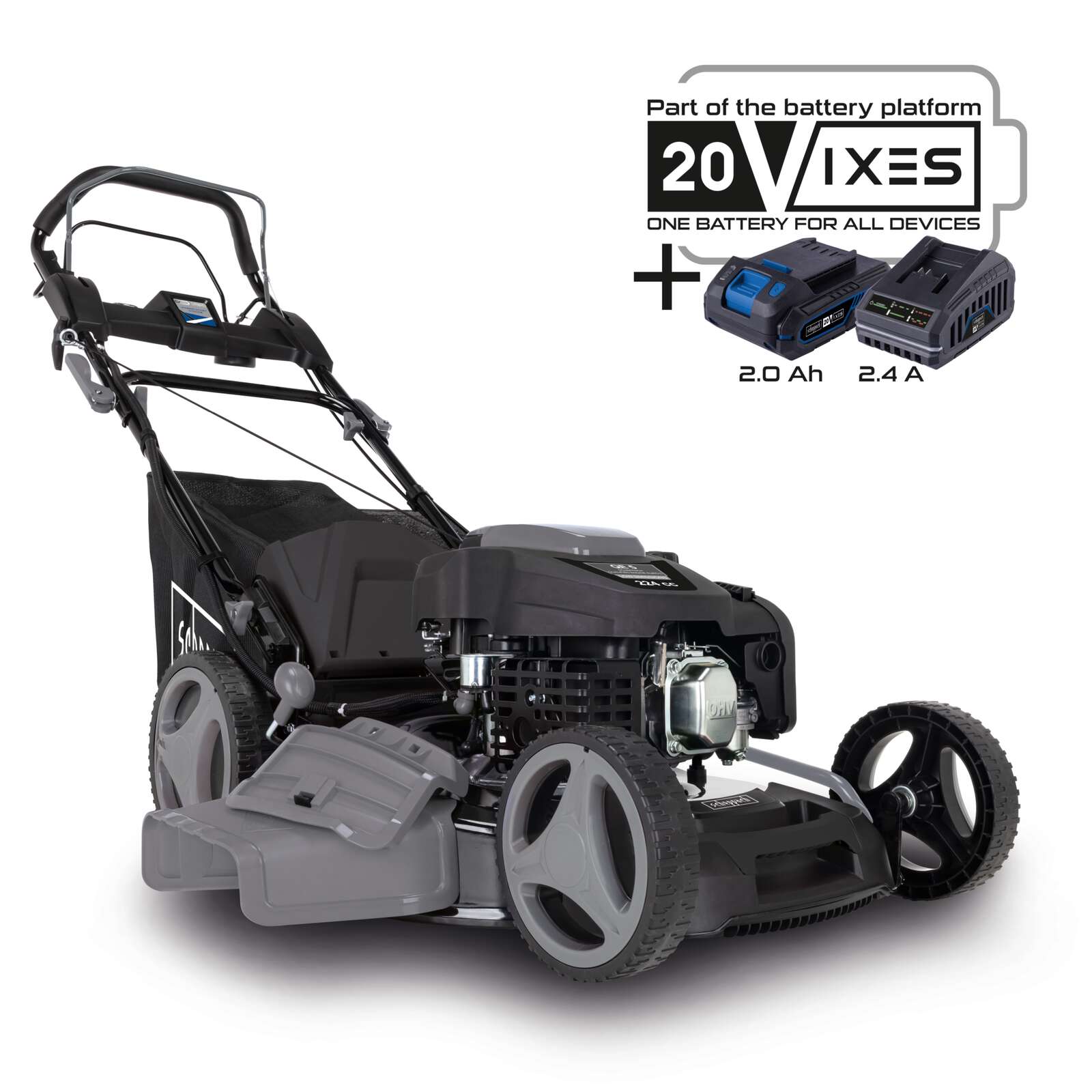 Benzin Rasenmäher PLM530-225E Scheppach - 6PS | 53cm Schnittbreite | E-Start | Radantrieb | 65 Liter Fangkorb