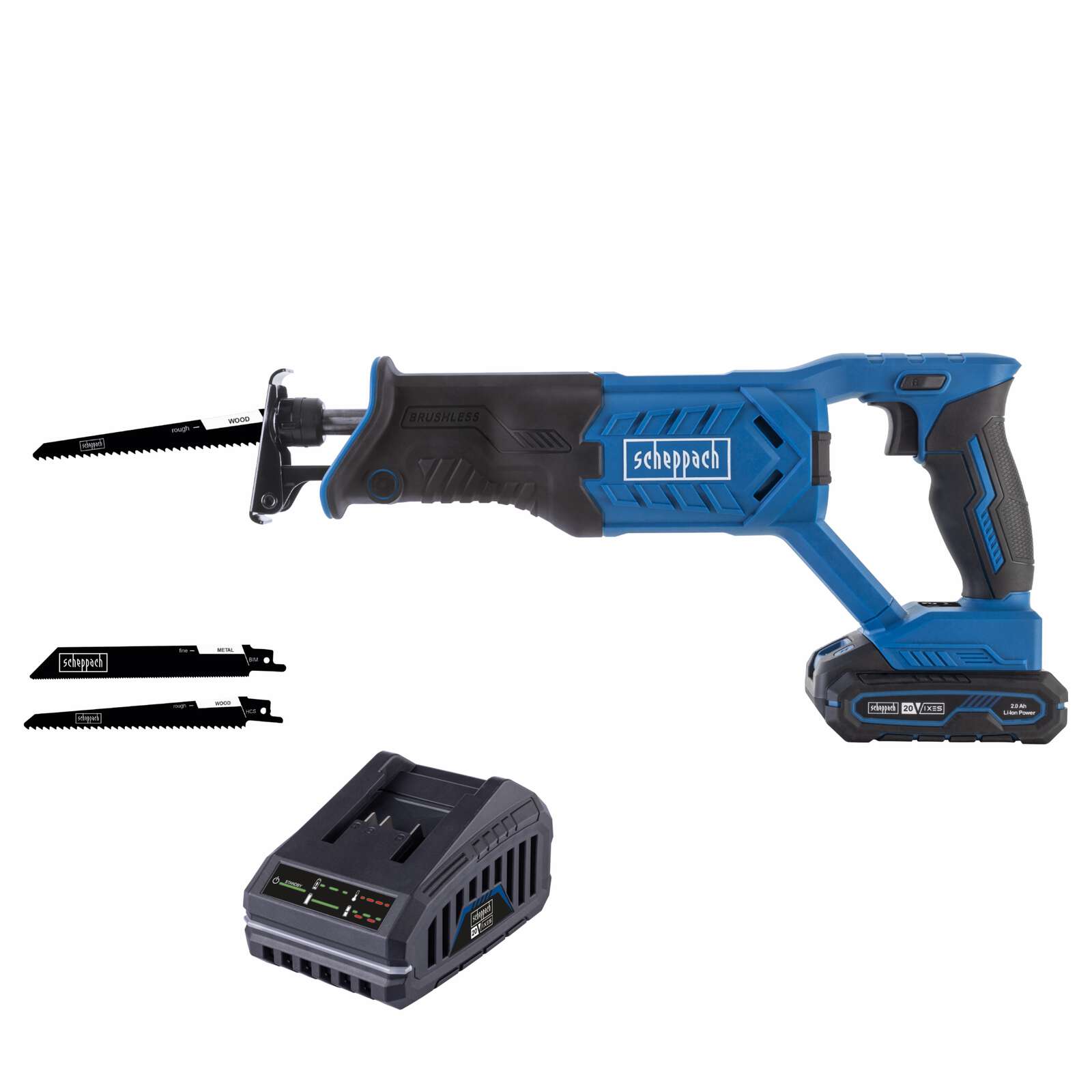 Akku-Säbelsäge BC-RS280-X Scheppach - 20V | 28mm Hublänge | 0-3000 min-1 Hubzahl | LED-Leuchte | inkl. 2Ah Akku + 2,4A Ladegerät