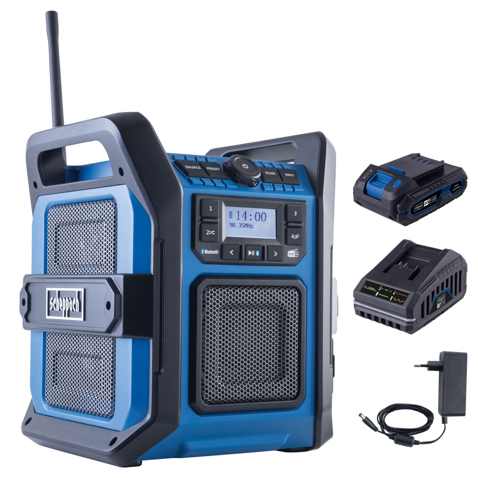 Akku Baustellenradio C-DAB30-X Scheppach - 20V | LCD-Display | 2x USB Anschlüsse | 1x USB-A | 1x USB-C | FM, DAB und DAB+ | inkl. 2Ah Akku + Ladegerät