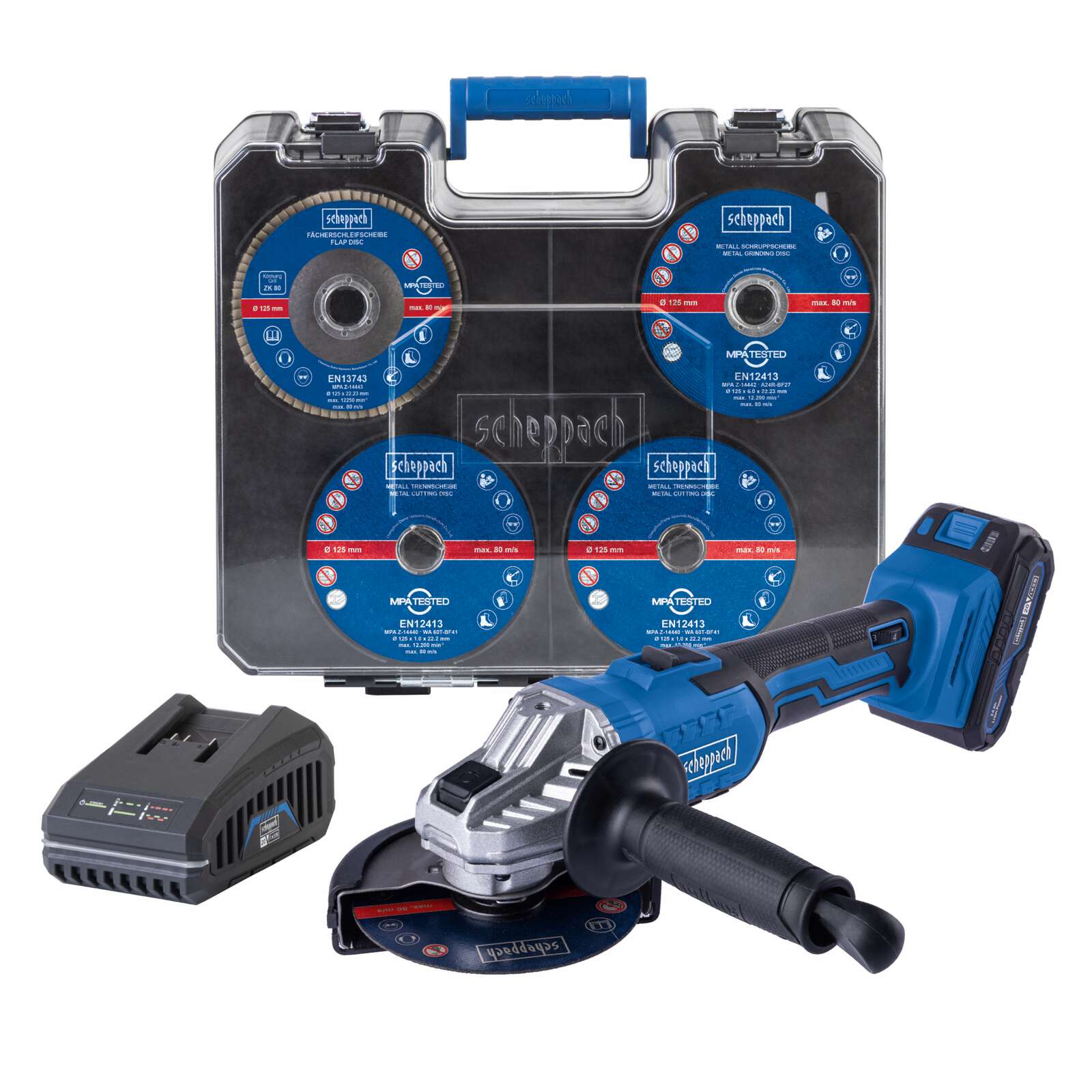 Akku Winkelschleifer C-ATB15/1-X Scheppach - 20V | 125mm Durchmesser | 2500-10000min-1 Drehzahl | Koffer u. 15tlg. Zubehörset | inkl. Akku & Ladegerät