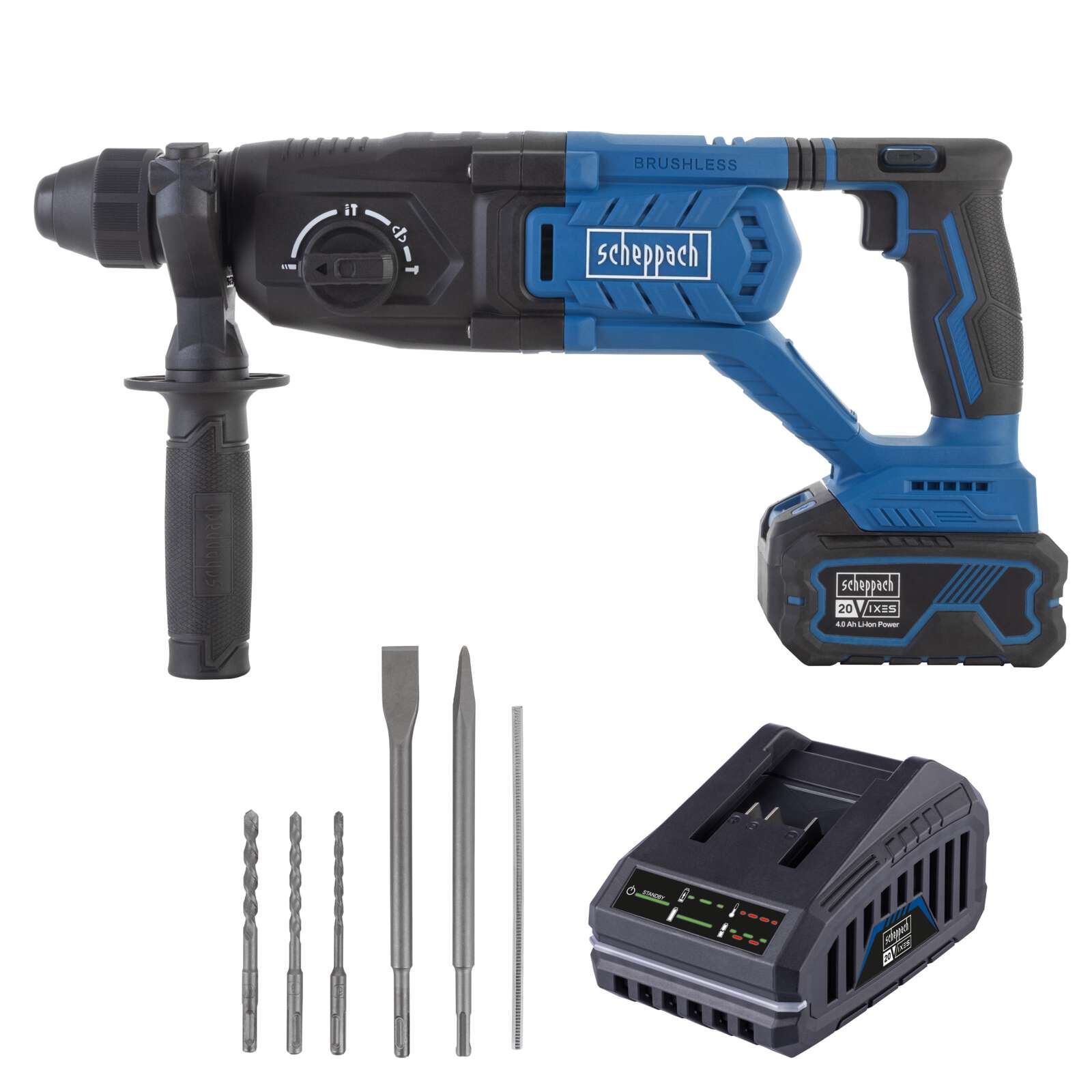 Akku-Bohrhammer BC-DH290-X Scheppach - 20V | 2,8J Schlagenergie | bis 4500bpm | SDS-Plus | 4 Funktionen | inkl. 4Ah Akku + 2,4A Ladegerät