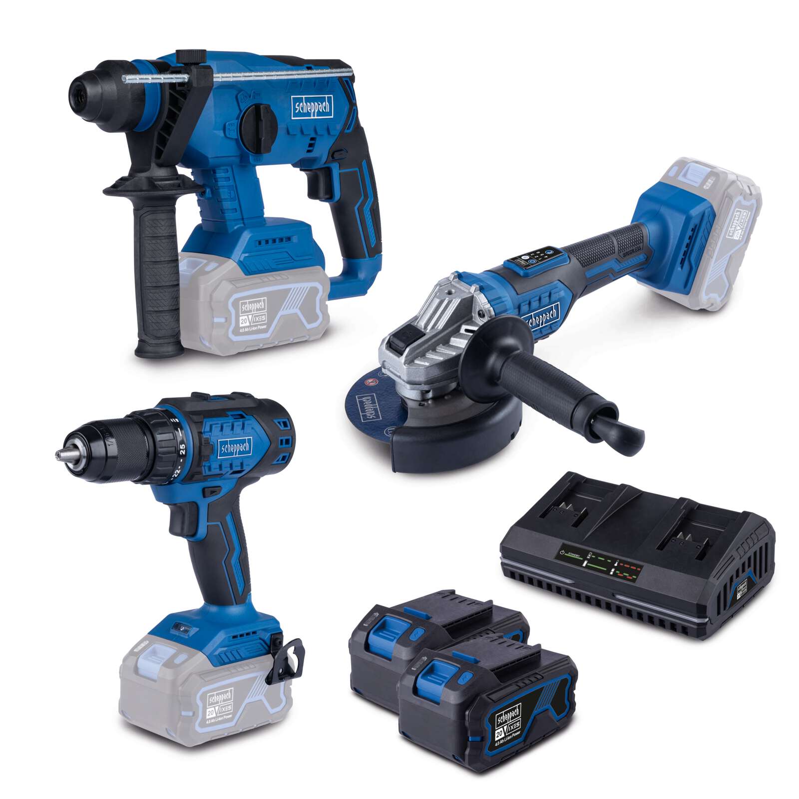 Akku-Maschinen-Set BPS100 Scheppach - 20V | 3tlg. Maschinenset | inkl. 2x 4Ah Akkus + 2,4A Doppelladegerät