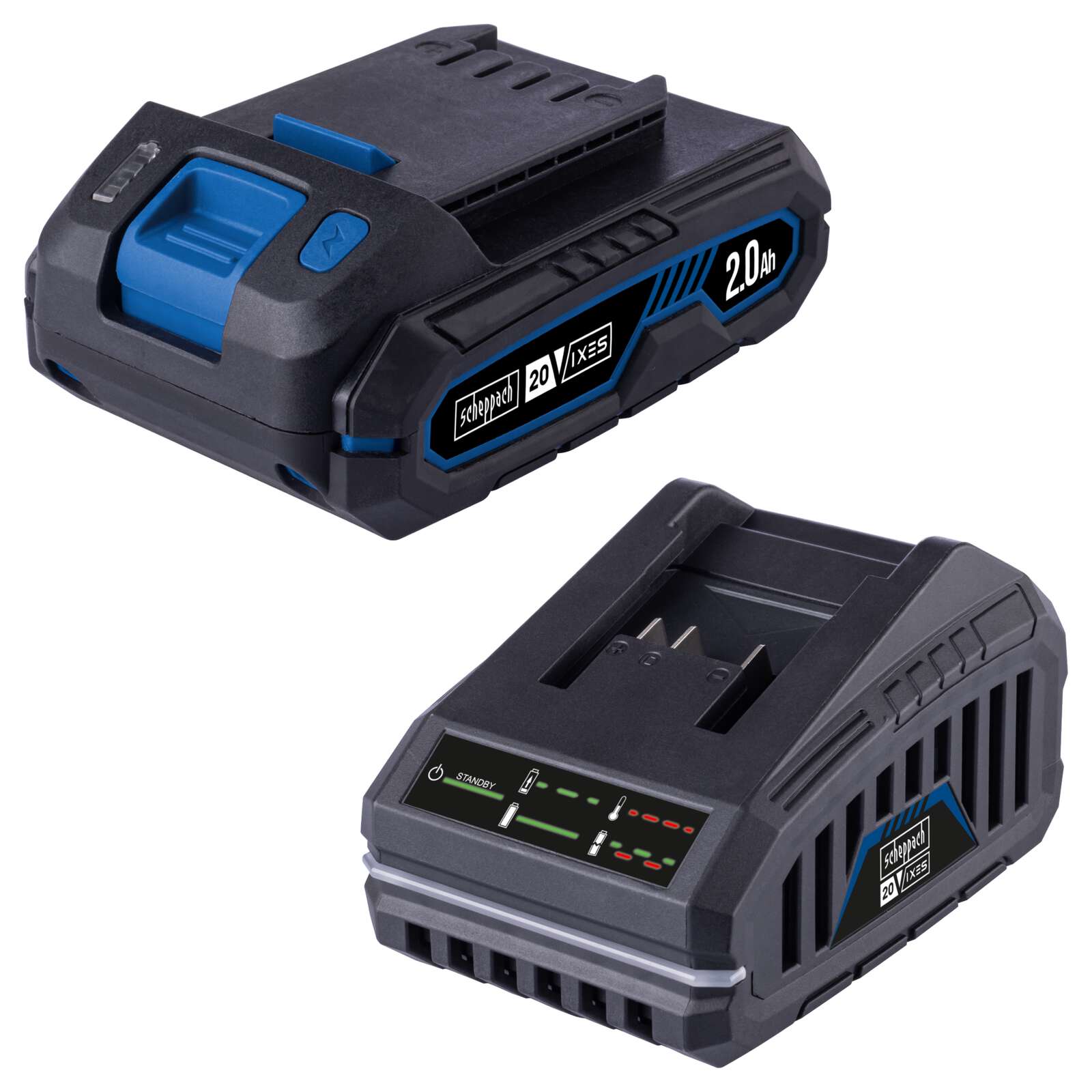 Starter-Kit 2.0 SBSK2.0 Scheppach | inkl. 20 V / 2,0 Ah Akku & 2,4 A / 65 W Ladegerät | LED-Anzeige | Wandhalterung