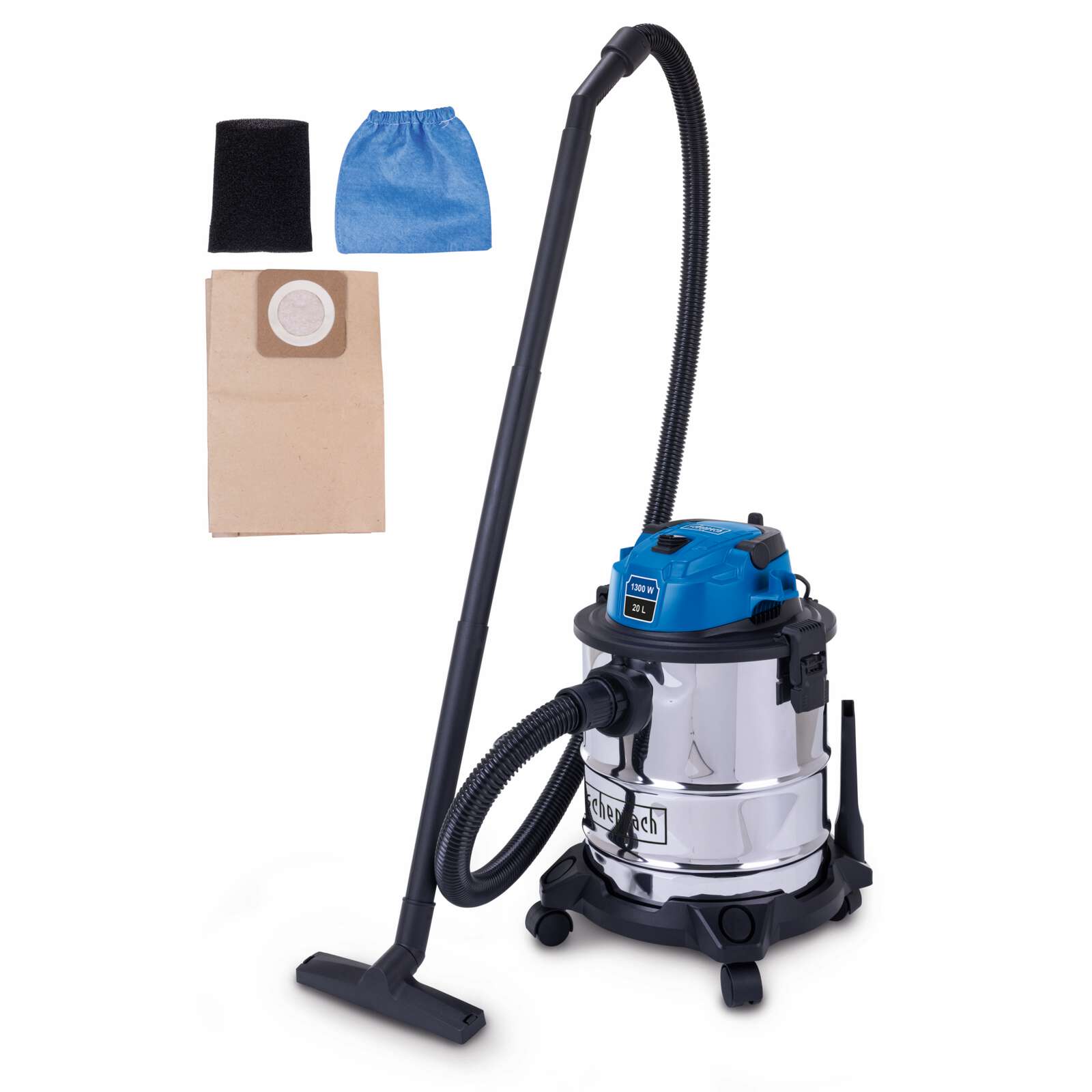 Nass- / Trockensauger VC20 Scheppach - 1300W | 2m Schlauchlänge | 4m Anschlusskabel | 20L Edelstahlbehälter