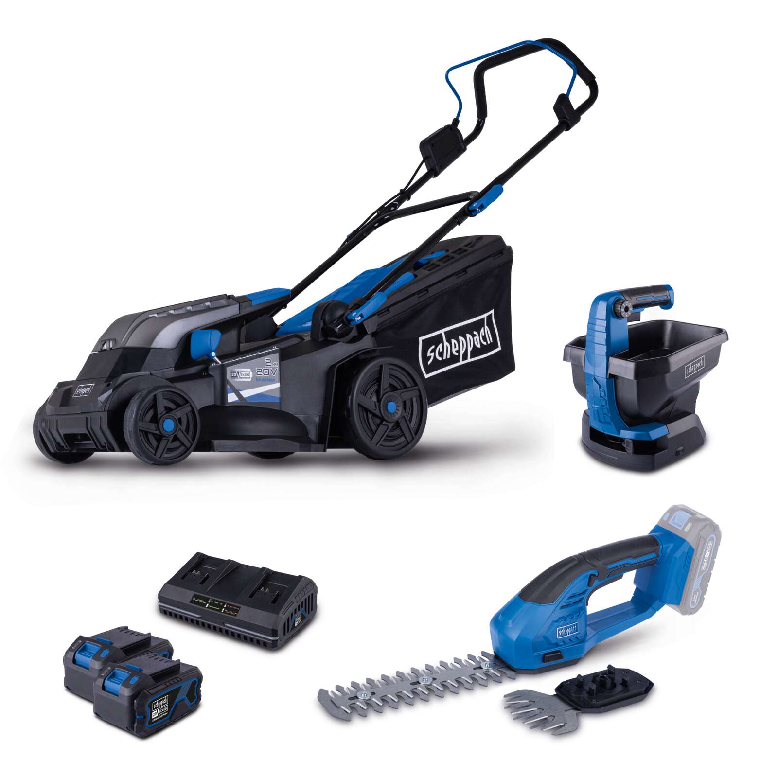 Akku-Garten-Set AGS100 Scheppach - 20V | Handstreuer | Gras-&Strauchschere | Rasenmäher | inkl. 2x 4Ah Akku & 4,5A Doppelladegerät