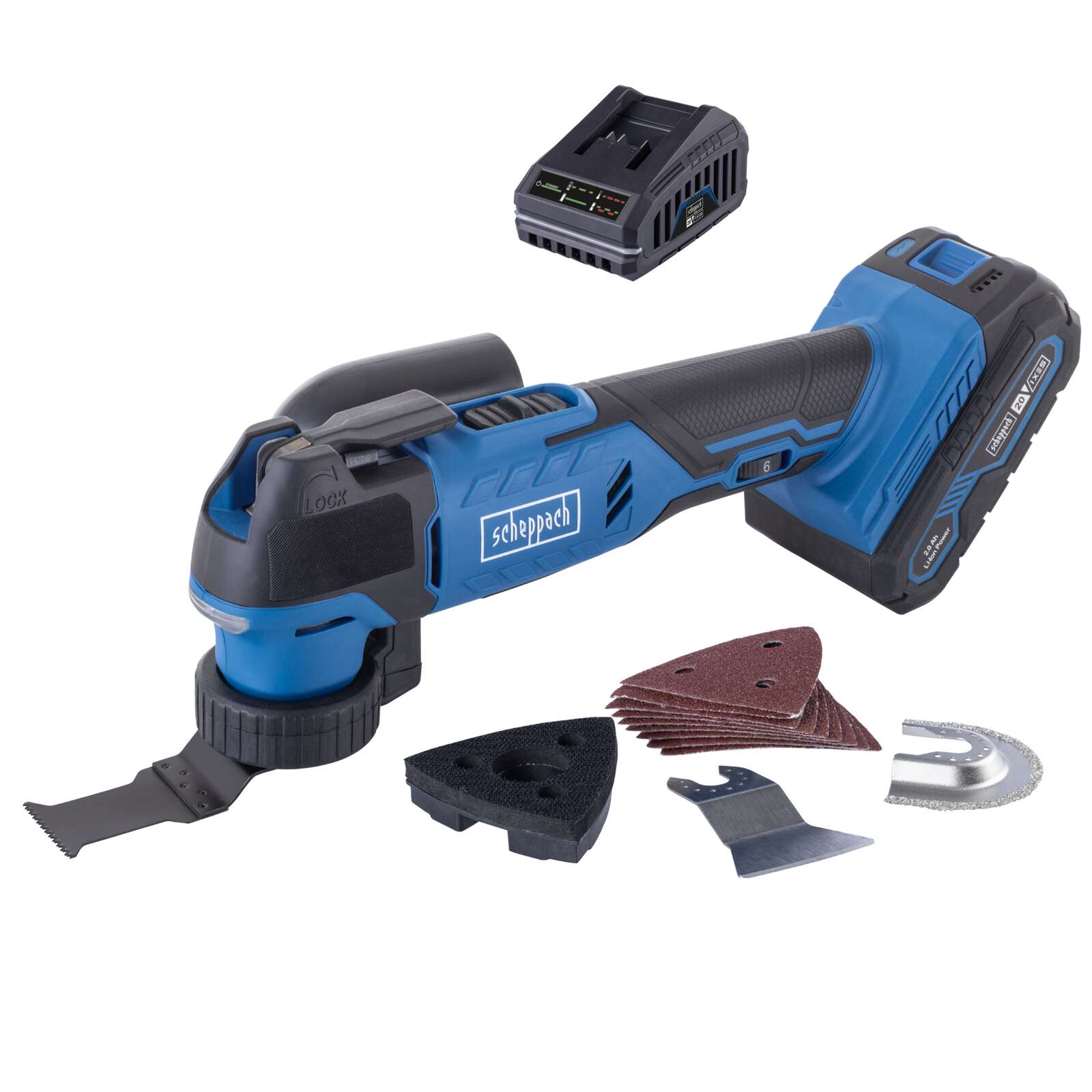 Akku-Multifunktionswerkzeug C-MT40-X Scheppach - 20V | 10.000 bis 40.000 min⁻¹ | 6 Stufen | LED-Werkstückbeleuchtung | inkl. 2Ah Akku + 2,4A Ladegerät