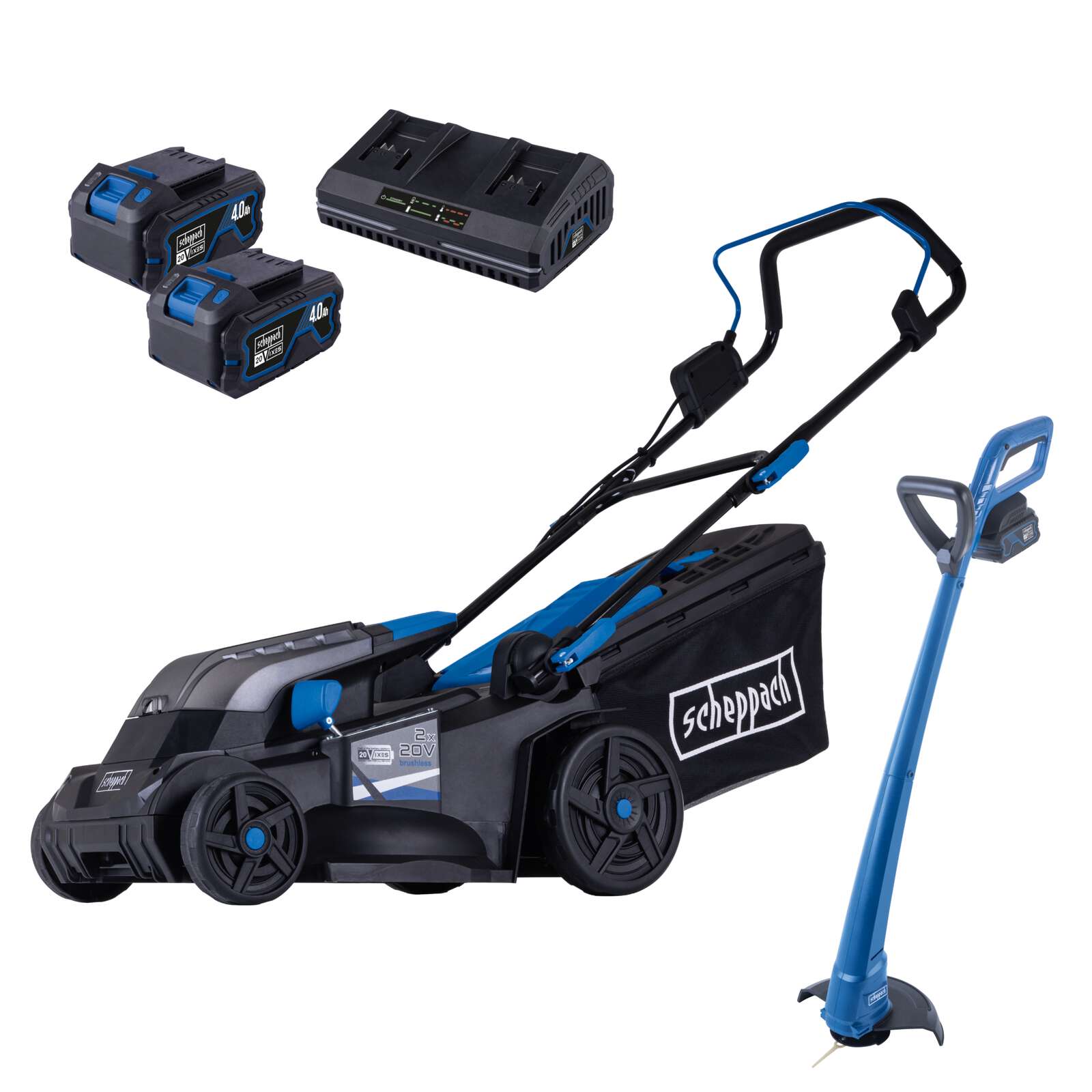Akku-Rasenmäher BC-MP380 LT Scheppach - inkl. Akku-Rasentrimmer C-LT240-X + 2x 4Ah Akku + 4,5A Doppelladegerät