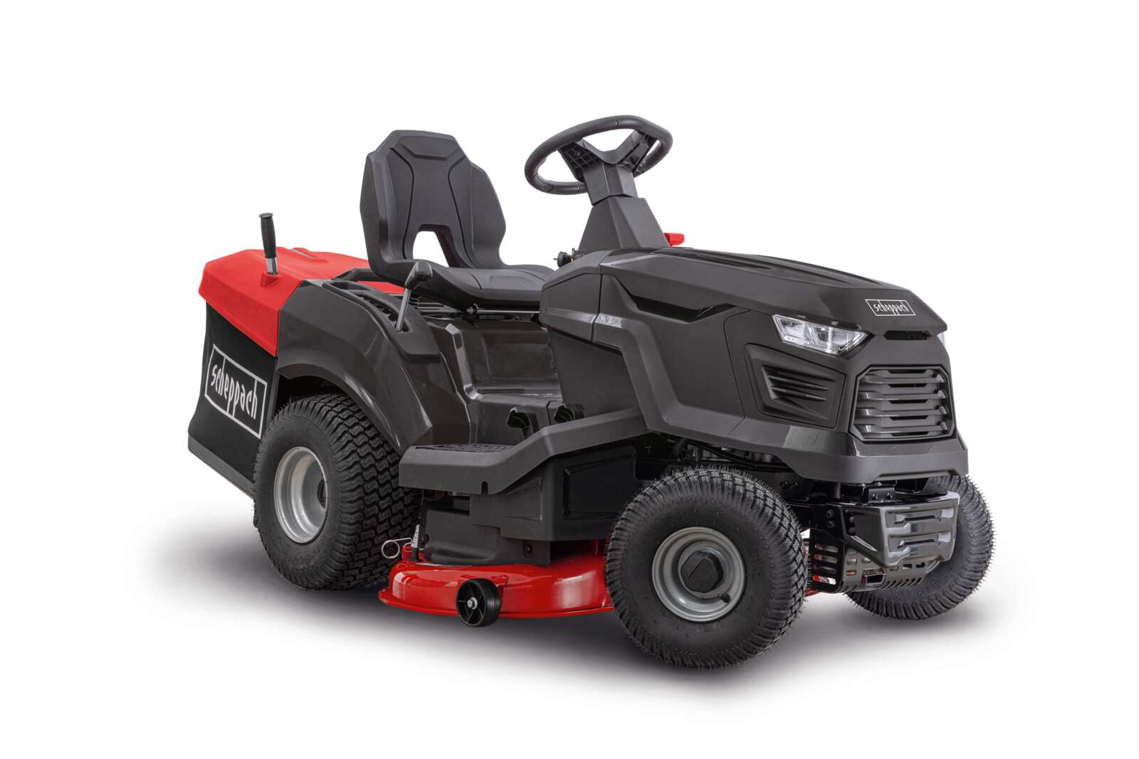 Benzin Rasentraktor TMR452-98H-RD Scheppach - 12,5PS | 98cm Schnittbreite | 30-90mm Schnitthöhe | LED | E-Start | 245L Fangbox | bis zu 5000m² Fläche