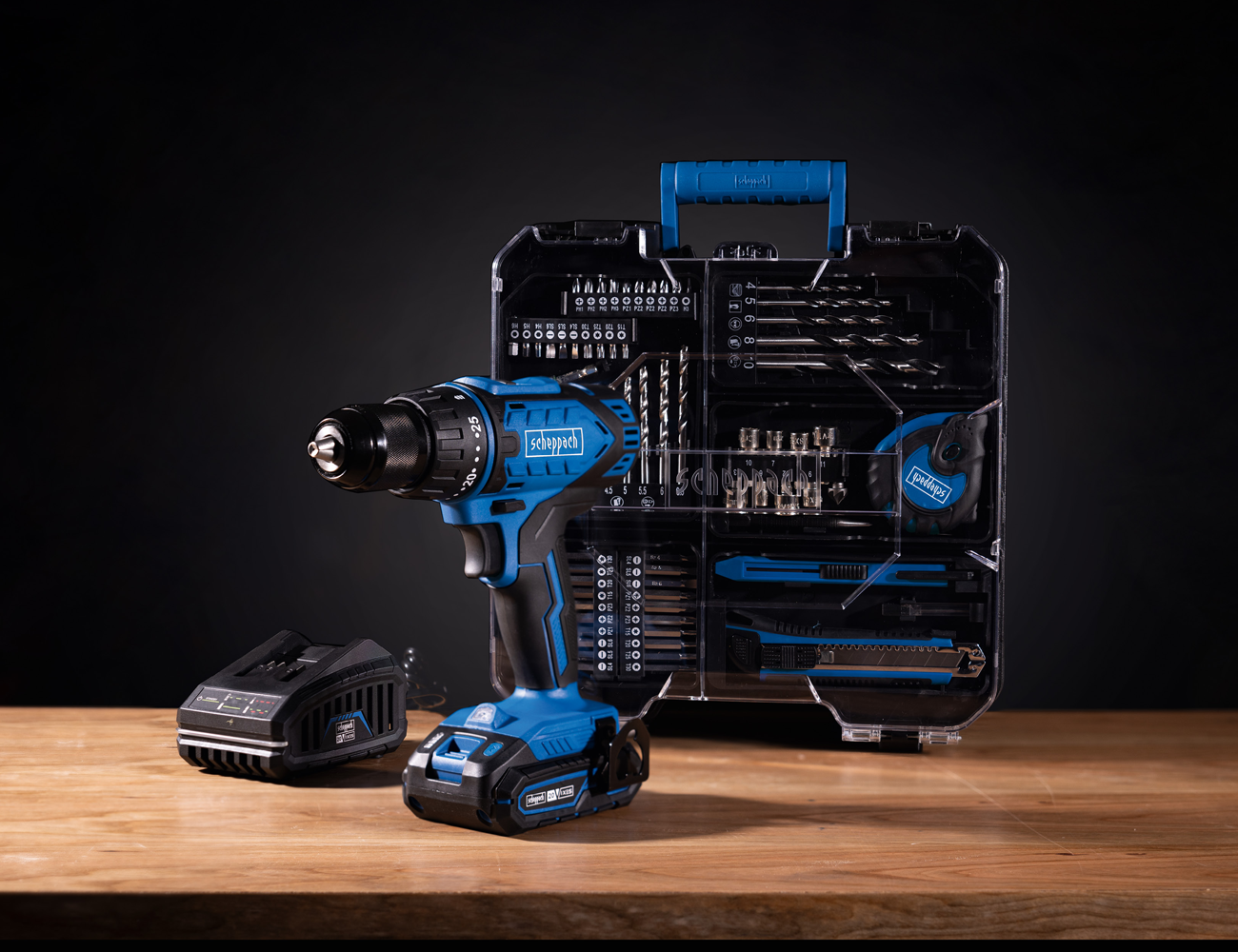 Scheppach-Werkzeugset mit Akkudrill und Werkzeugbox für präzise Bohrungen und Montagearbeiten