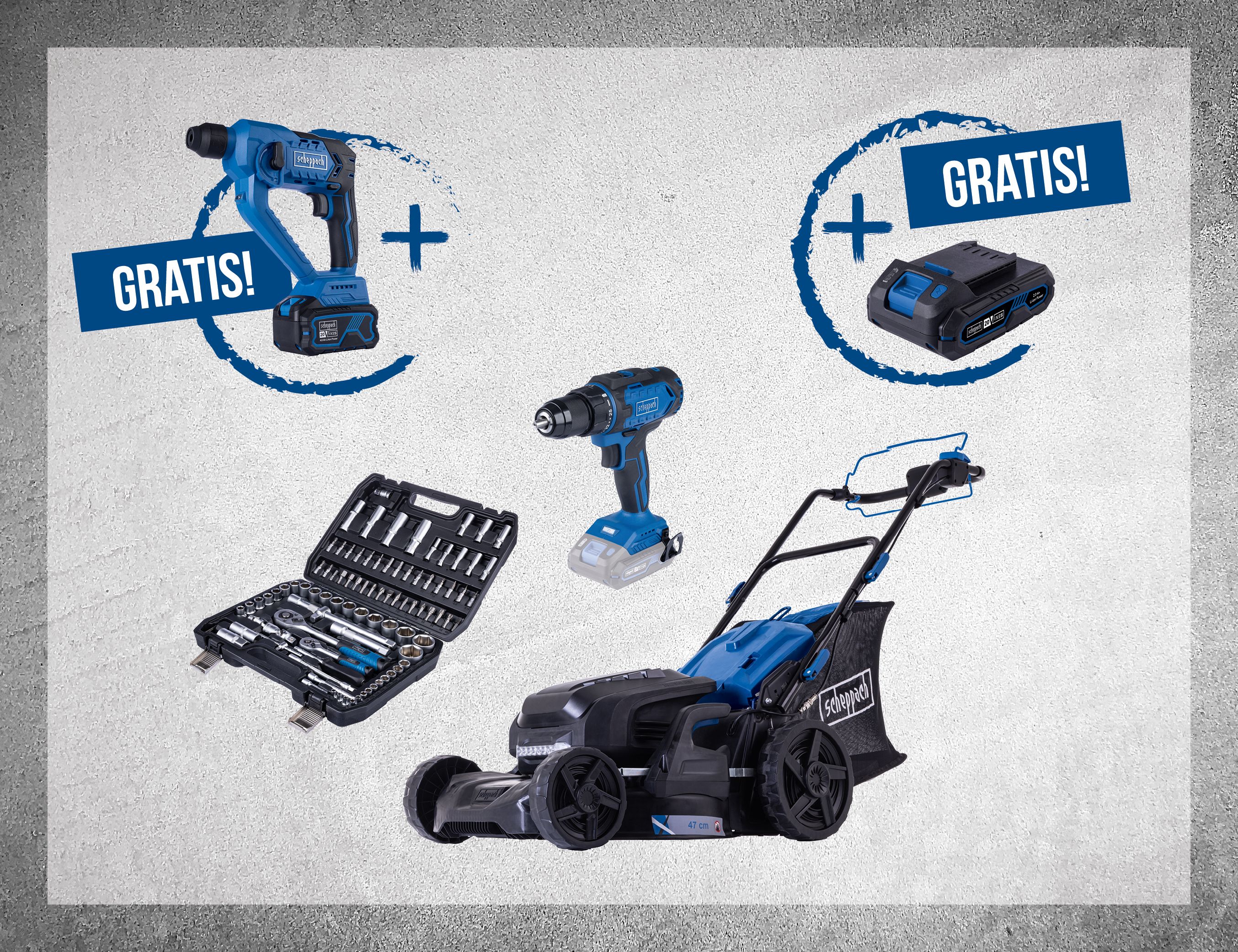 Scheppach-Werkzeugset mit Akkuschrauber, Schlagbohrer, Rasenmäher und Zubehör. Gratis-Akku und Ladegerät inklusive.