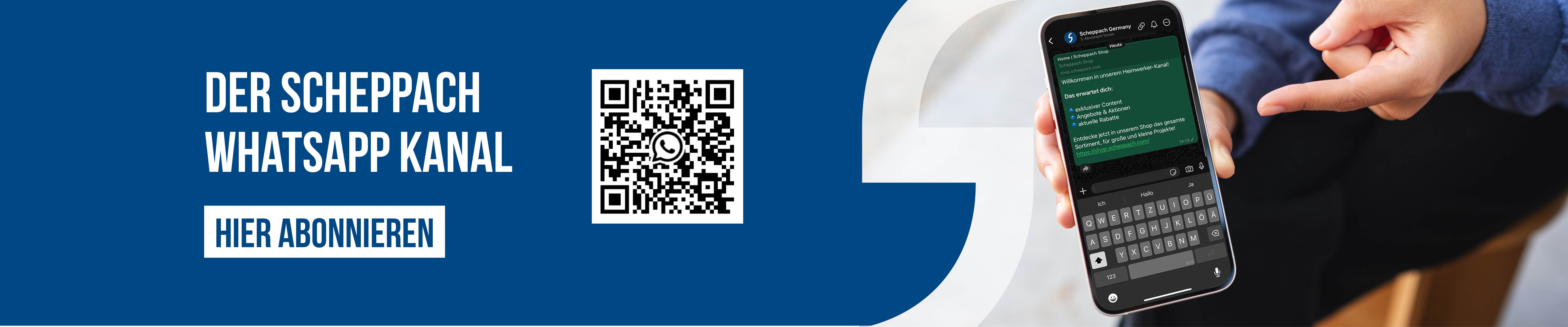 Scheppach WhatsApp-Kanal-Banner mit QR-Code für Abonnentenaufruf