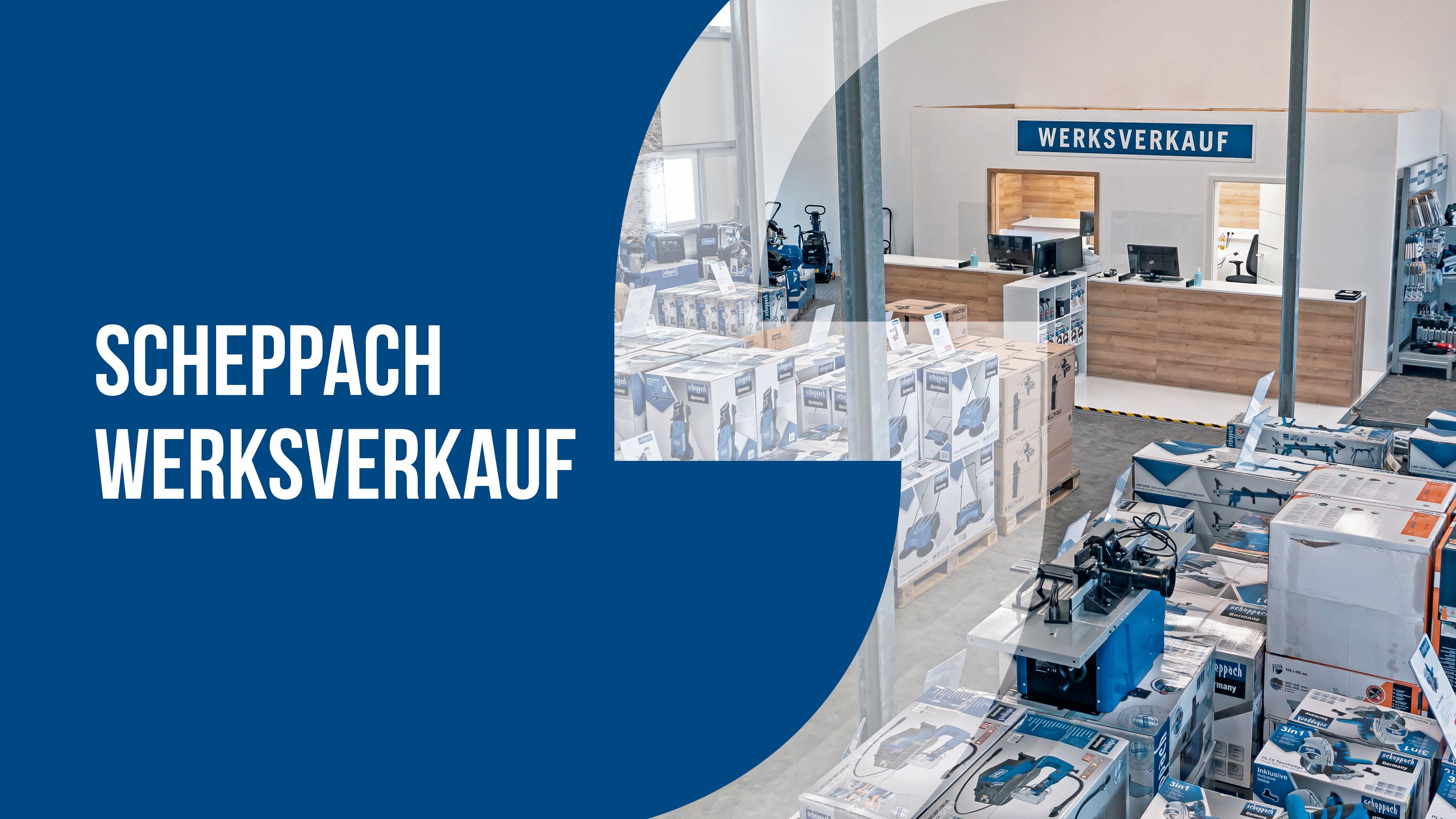 Scheppach-Werkzeugauswahl im Verkaufsbereich mit verschiedenen Werkzeugen und Verpackungen